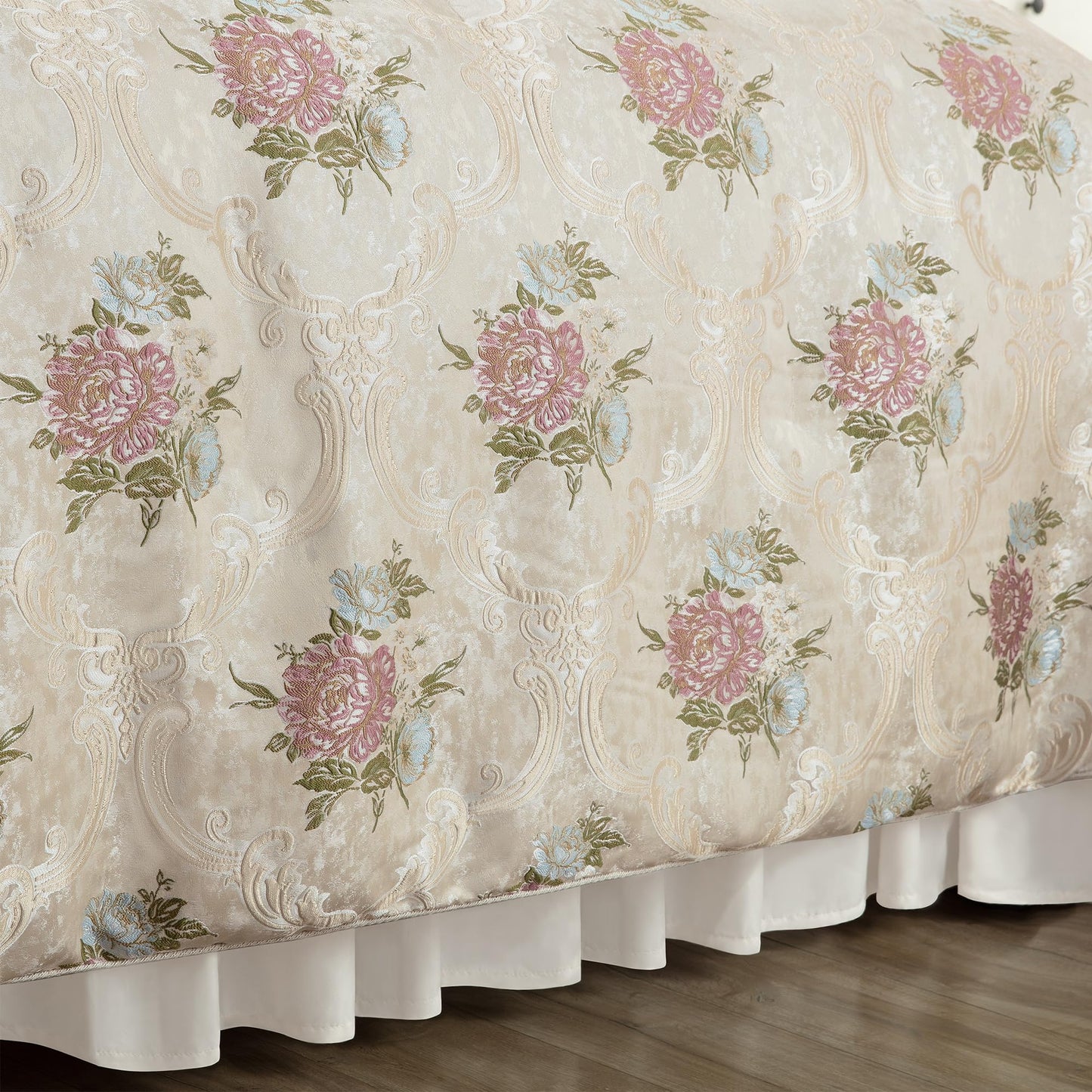 Loom and Mill 9-Piece Luxury European Floral Comforter Sets, Romantic French-Style Jacquard Bedding Set Queen Size with Euro Shams, Bedskirt, Filled Decorative Pillow for Home(Pearly Beige,Queen)