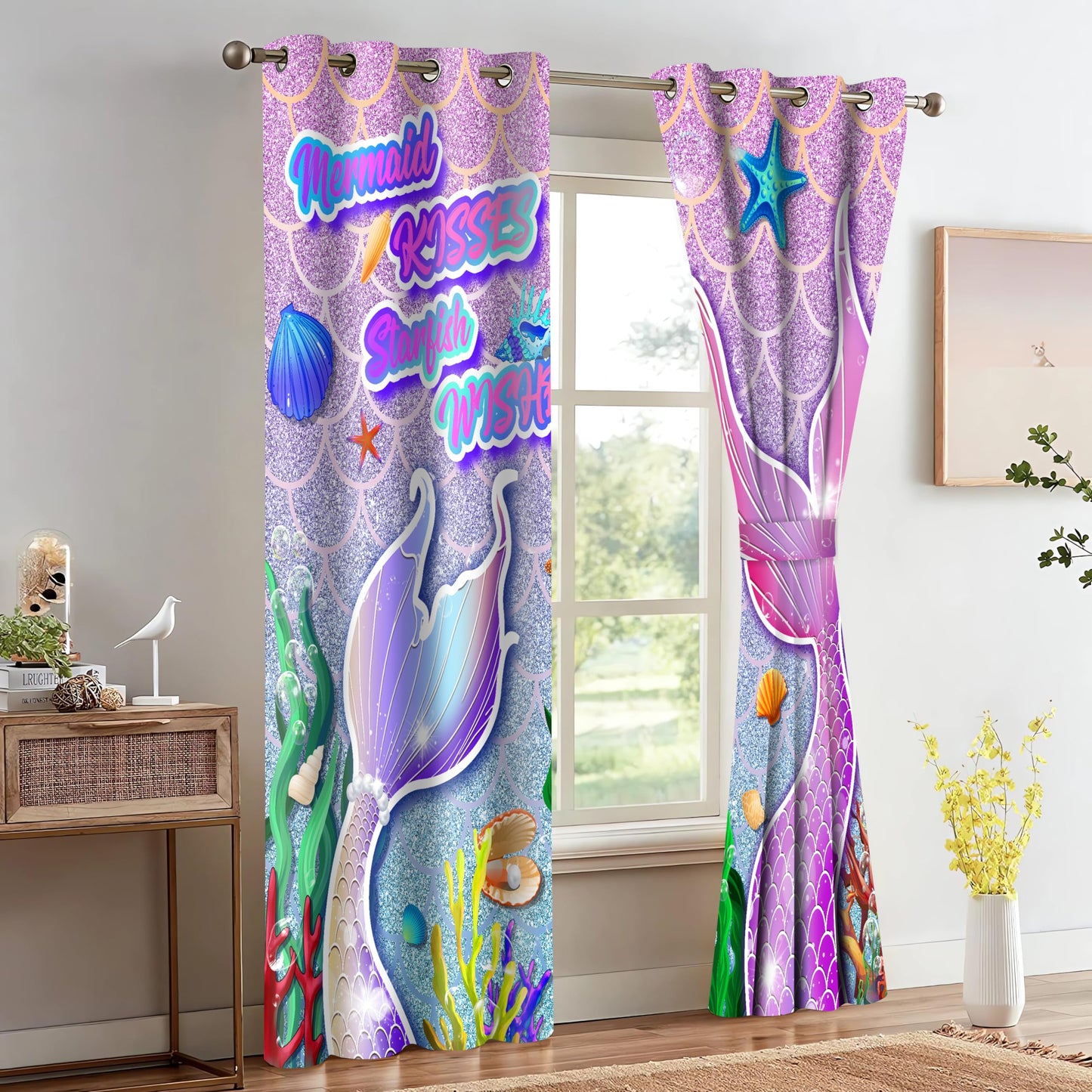 HIYSMT Mermaid Curtains for Girls Bedroom,4284inch Rainbow Fantasy Shining Fairy Fish Tail Little Mermaid Blackout Curtain,Princess Ocean Drapes for Kids Room,2 Panels HI03DX