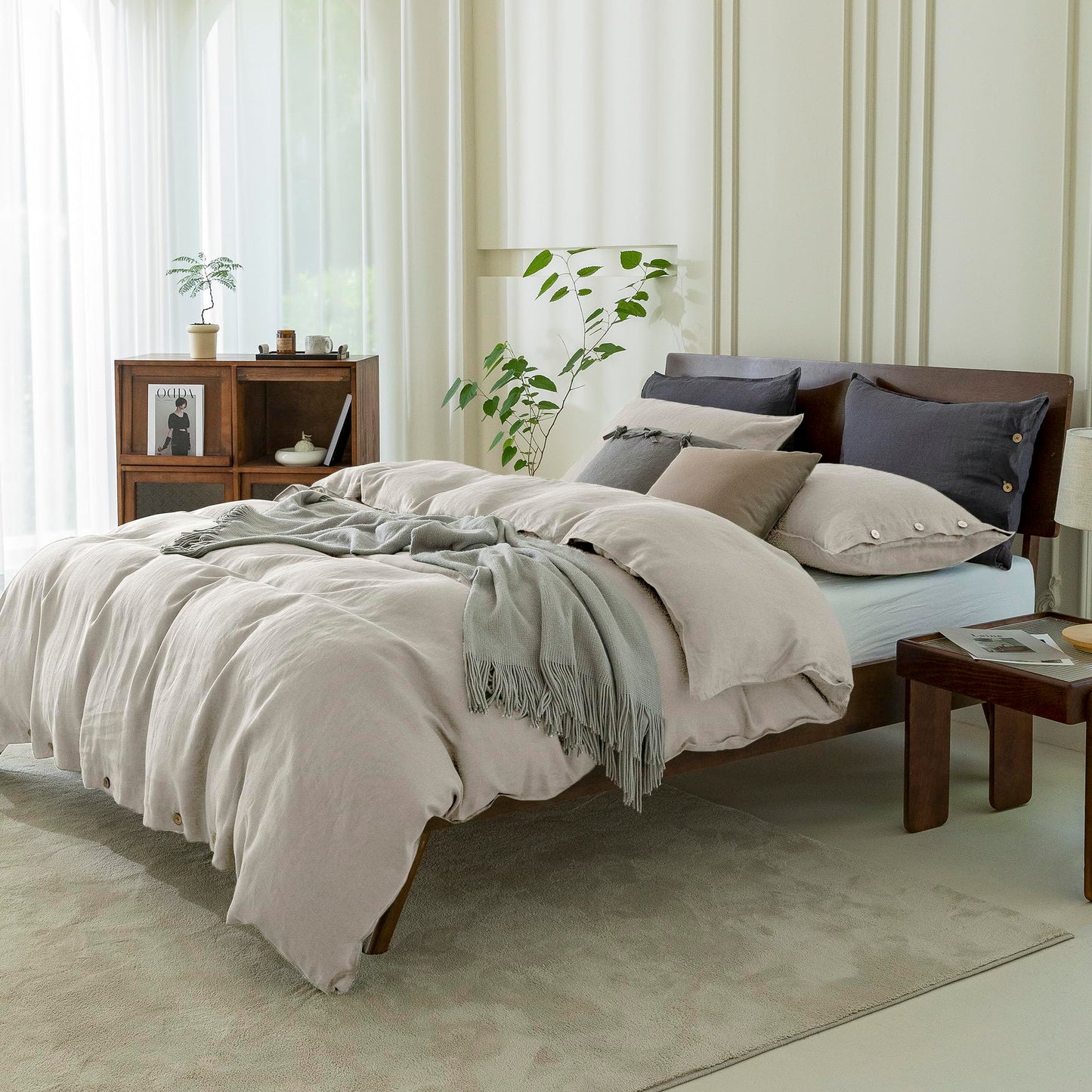EVERLY 100% Pure Linen Duvet Cover Set Queen Size90X90Inch 3pcs (1 Duvet Cover,2 Pillowcases) Soft and Breathable for All Season with Coconut Button Closure, Suitable for Hot Sleepers-Linen-Queen