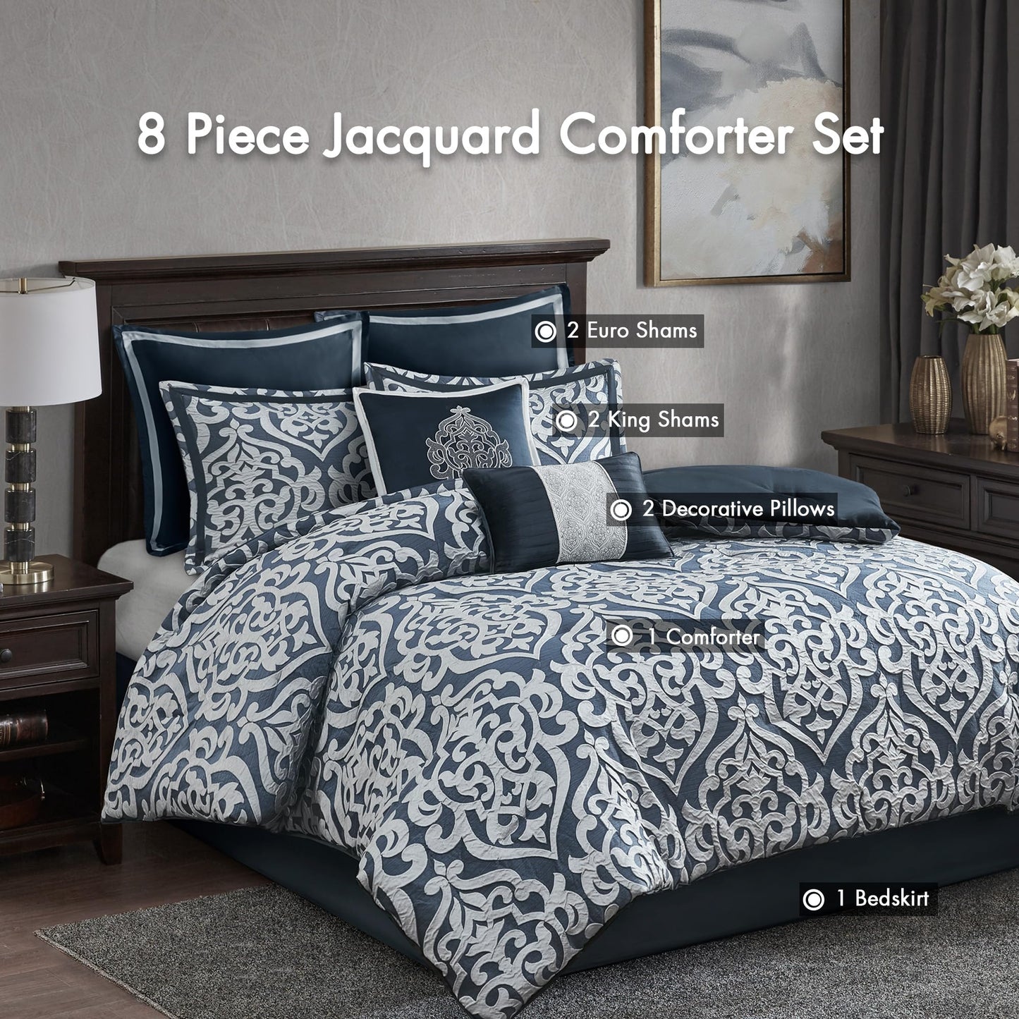Madison Park Odette Cozy Comforter Set Jacquard Damask Medallion Design - Modern All Season, Down Alternative Bedding, Shams, Decorative Pillows, King(104 in x 92 in), Navy 8 Piece