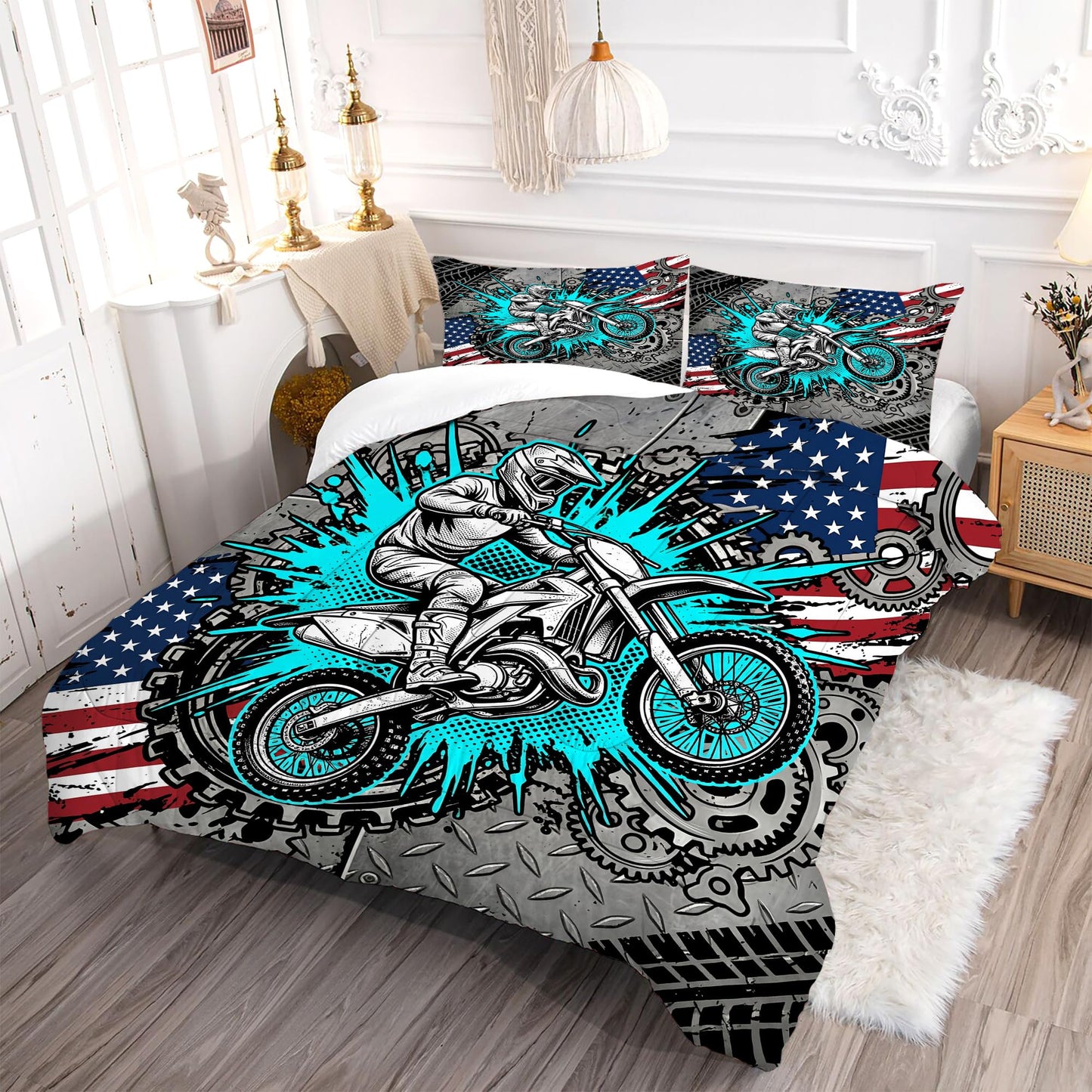 VTKON Motorcycle Comforter Set for Teens Queen 3Pcs with 1 Comforter and 2 Pillowcases Cool American Flag Bedding Boys Cool Bed Set Microfiber for All Season