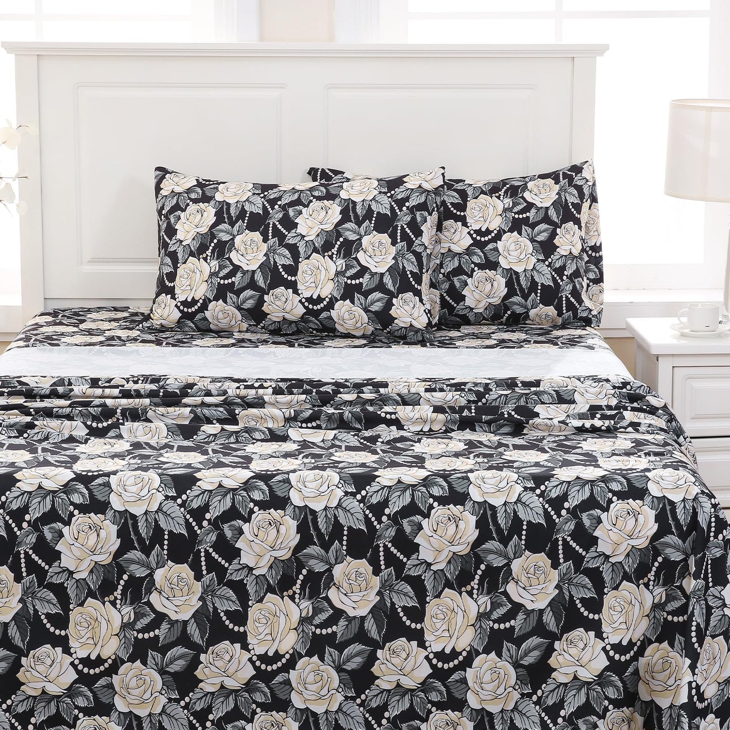 MICORAL Black White Rose Boho Floral Queen Sheet Set, 4-Piece Printed Botanical Bed Sheets, 16" Deep Pocket, Ultra Soft & Cooling Sheet, Oeko-TEX Certified, Black White Rose