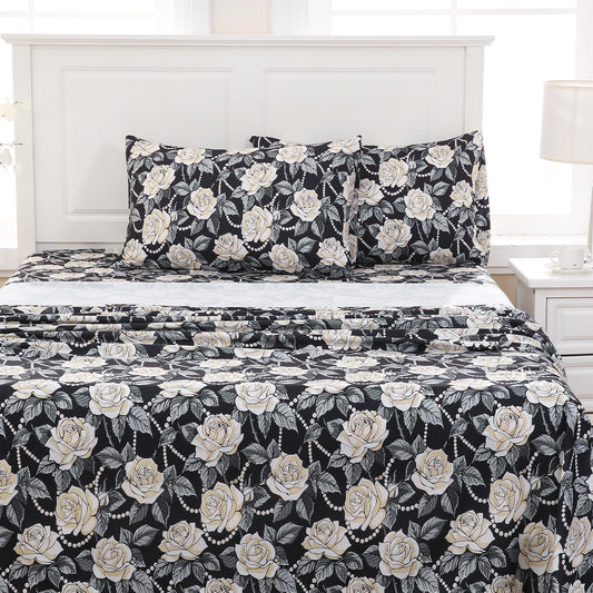 MICORAL Black White Rose Boho Floral Queen Sheet Set, 4-Piece Printed Botanical Bed Sheets, 16" Deep Pocket, Ultra Soft & Cooling Sheet, Oeko-TEX Certified, Black White Rose