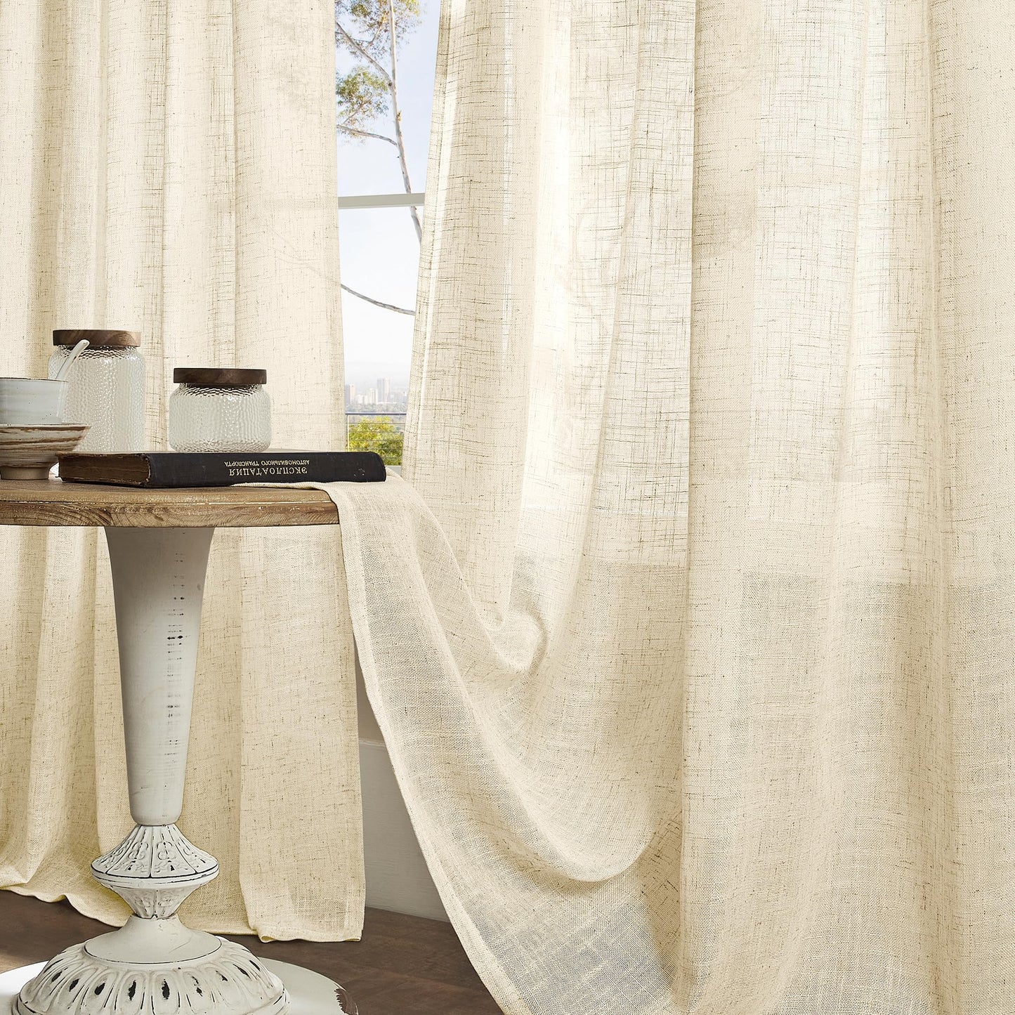 LAMIT Beige Linen Curtains 54 Inches Long for Bedroom, Semi Sheer Neutral Faux Linen Textured Window Light Filtering Panels with Bronze Grommet for Kitchen,2 Panels Set, 52 X 54 Inch