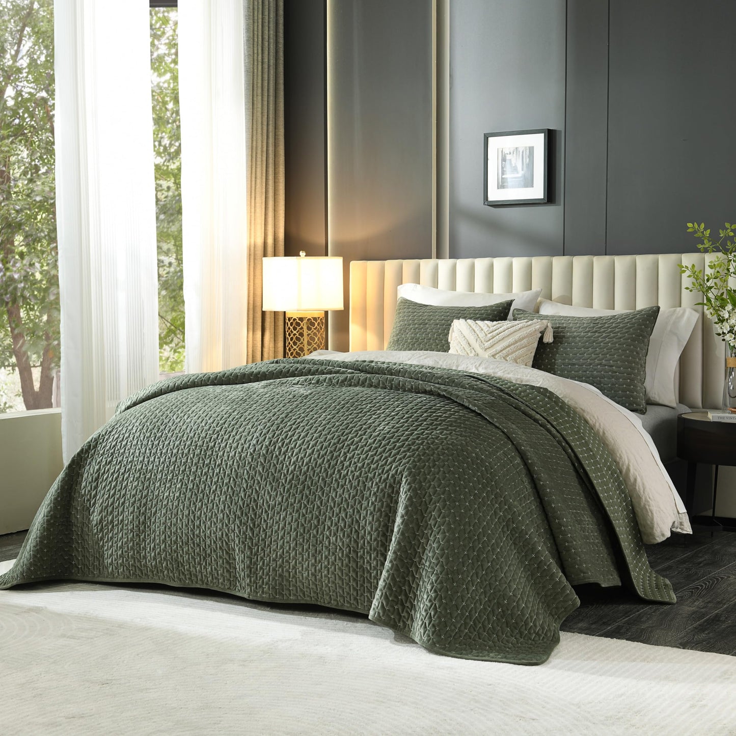 Grassix Velvet Quilt Set Queen Size, 3 Pieces Cross Stitch Bedspread Coverlet with 2 Shams for All Season, Lightweight Comforter Bedding Set, Army Green, 90"x96"