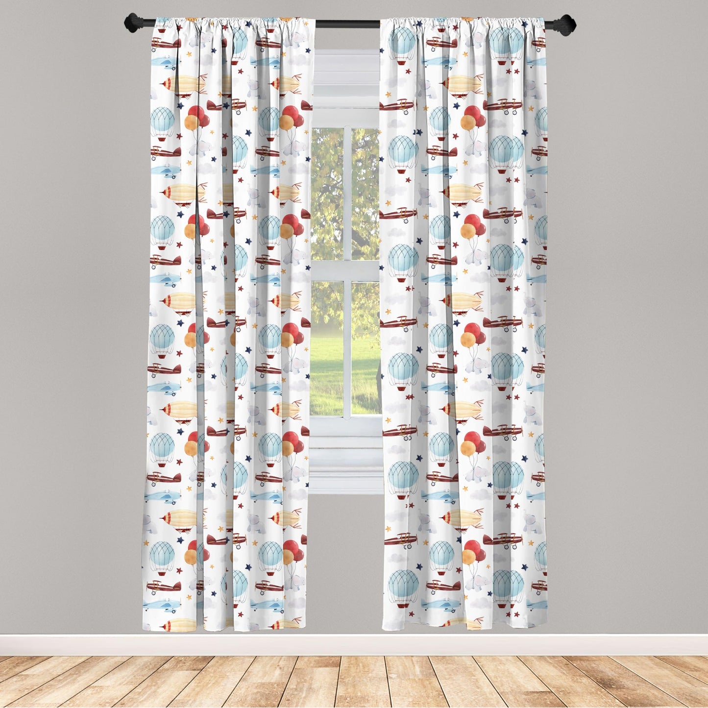 Lunarable Plane Window Curtains, Hot Air Balloon Stars Flying, Lightweight Decor 2-Panel Set with Rod Pocket, Pair of - 28" x 63", White Multicolor