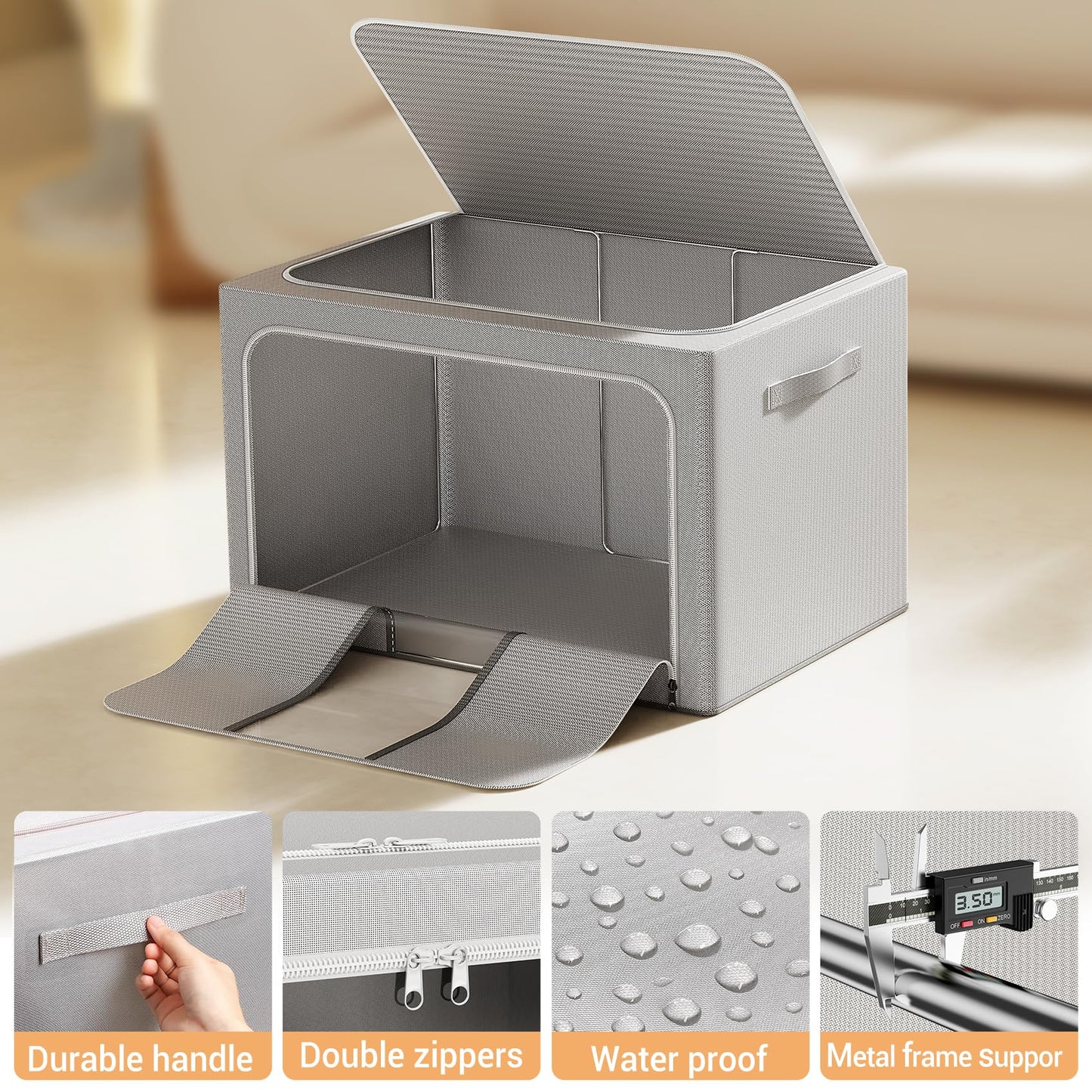 LeArex Clothes Storage Bins with Metal Frame Foldable Storage Box Clothes Organizers Storage Containers for Clothes Sheets Blankets Books Toys Gifts and Holiday Decorations (66Lx3 Pack)