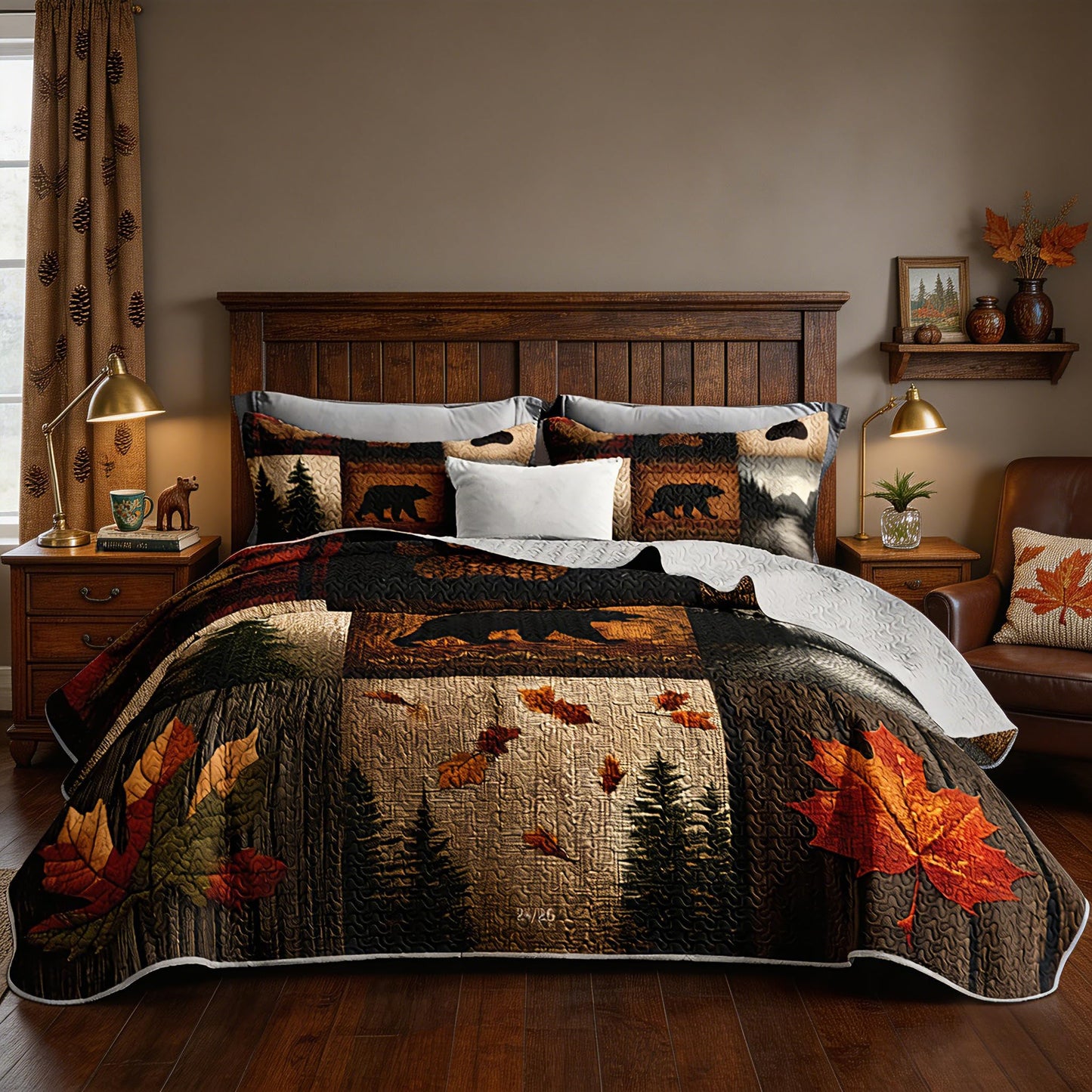 UEVBF Hunting Themed Quilt King Size,Lightweight Cabin Plaid Bedding Set with 2 Pillowcases,Forest Tree Brown Bear Paw Printed Bed Sets for Adults Room Decor.