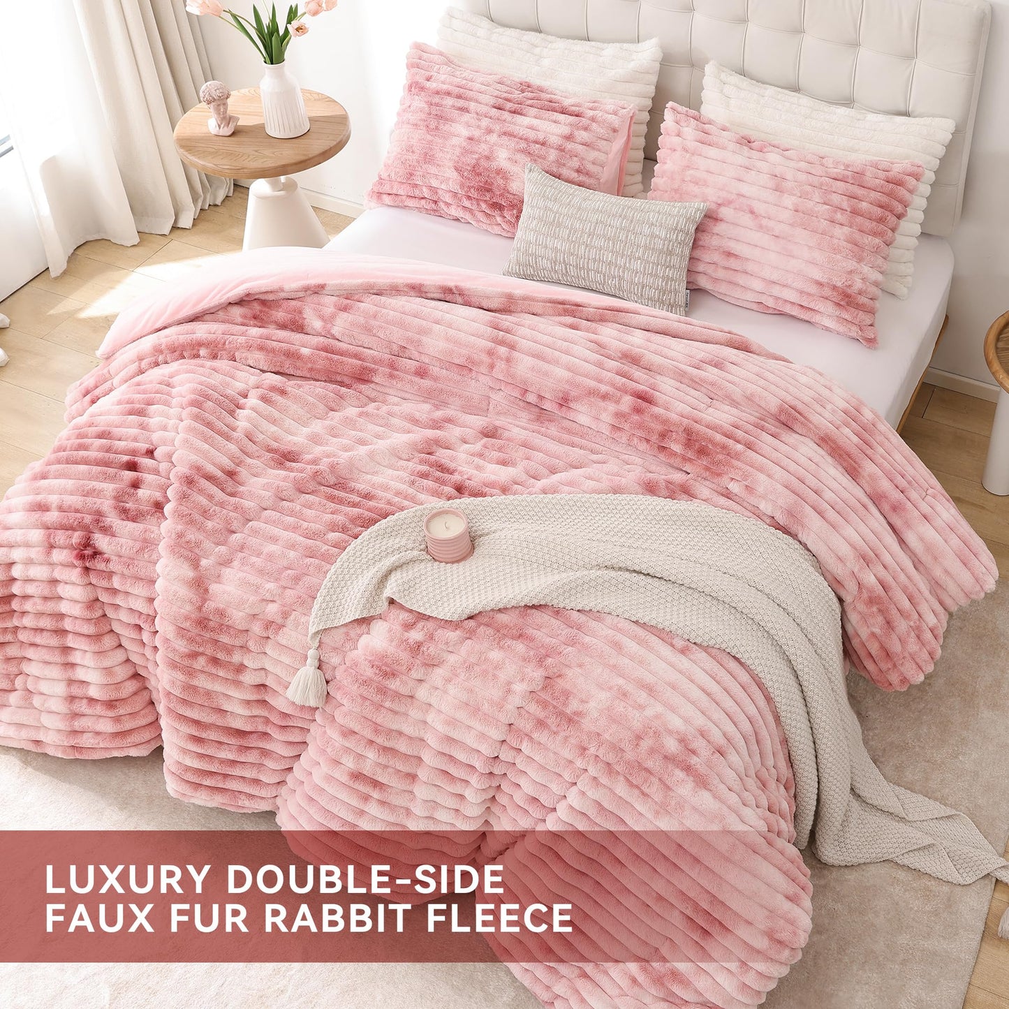 Smoofy Fluffy King Size Comforter Set 3 Pieces - Tie-dye Pink Fleece Fluffy Comforter Set, Luxury Fuzzy King Bedding Set, Soft King Bed Set All Season, Heavy Faux Fur Comforter with 2 Pillow Cases