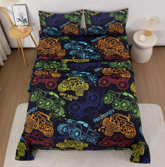 URLINENS Boys Sheets Full Size 4 Piece, Hand Drawn Cars Sheet Set for Kids Teens, Watercolor Off Road Truck Bed Sheets Soft Microfiber Boys Bedding Sheet-1 Fitted Sheet 1 Flat Sheet 2 Pillowcases