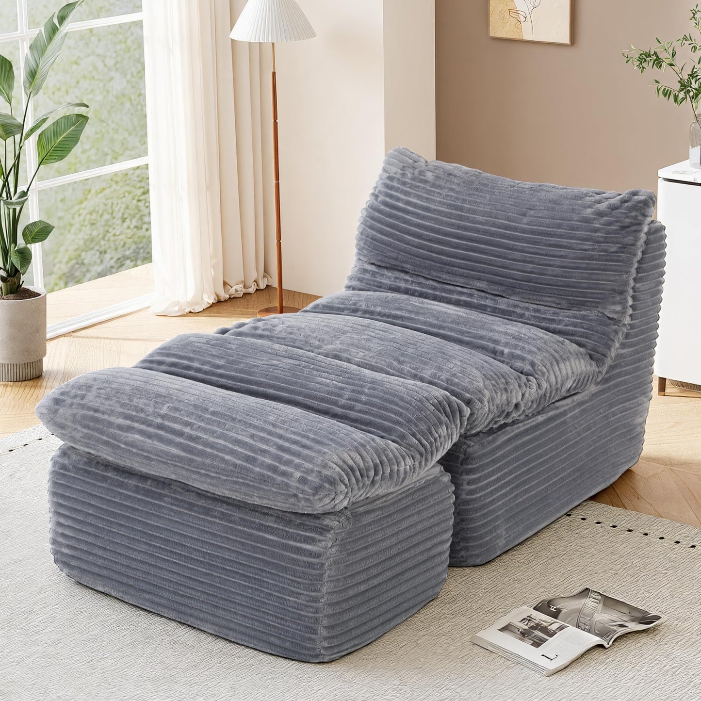 COLAMY Bean Bag Chair, Lounge Chair with Removable Ottoman for Adults, Comfy Fabric Sofa Bed Couch with Memory Foam, Backrest for Living Room, Office, Bedroom, Grey