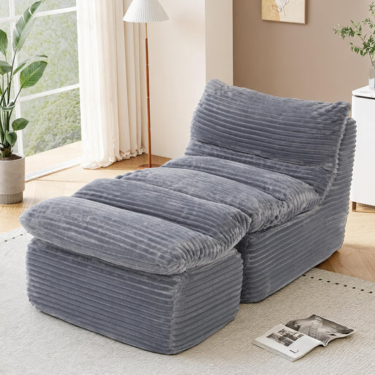 COLAMY Bean Bag Chair, Lounge Chair with Removable Ottoman for Adults, Comfy Fabric Sofa Bed Couch with Memory Foam, Backrest for Living Room, Office, Bedroom, Grey