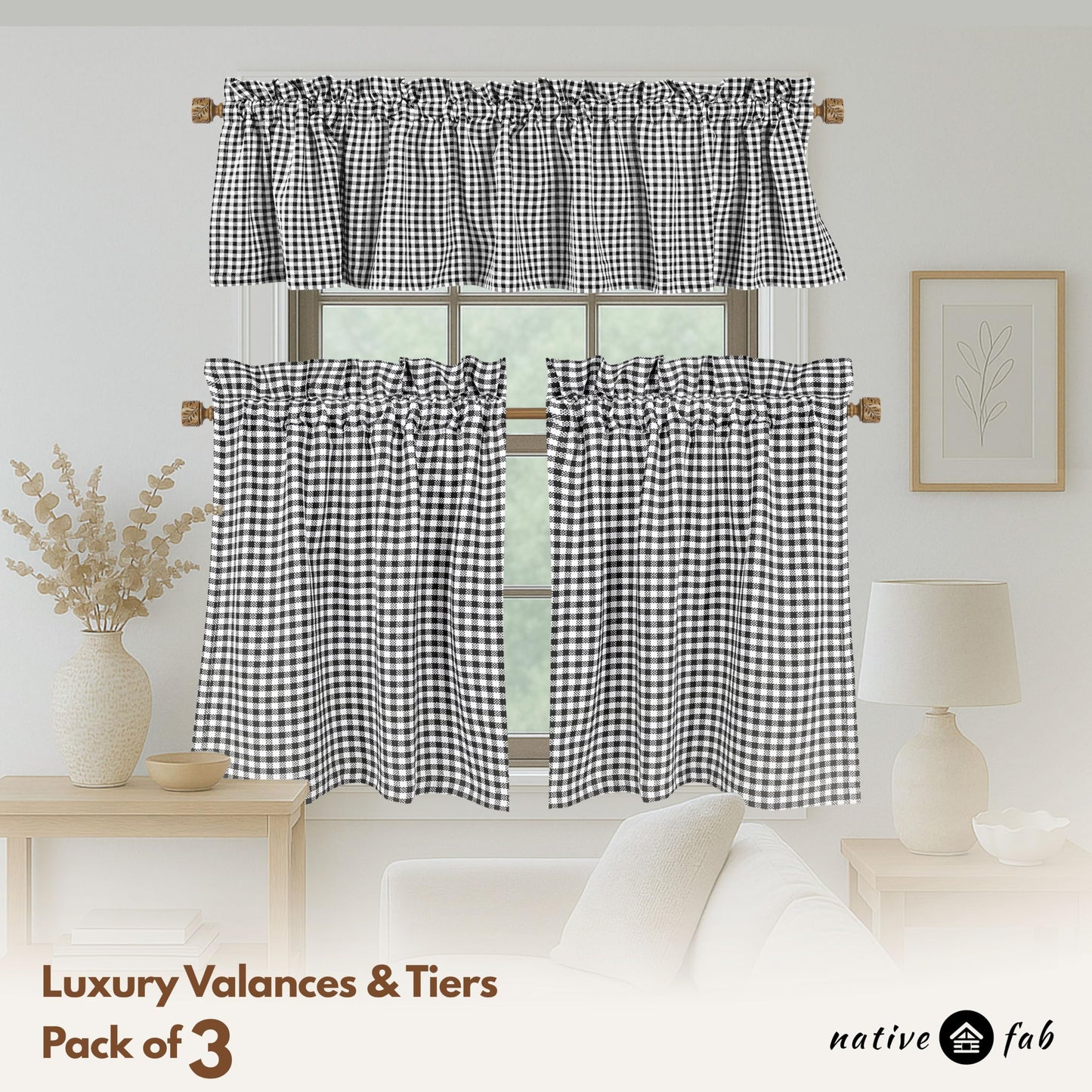 Native Fab Gingham Mini Check 3 Piece Window Curtain Tiers 26"x36" and Valance 54"x18" Set - Rod Pocket - Semi Sheer - Farmhouse Vintage Curtain for Kitchen, Cafe, Living Room - Black and White