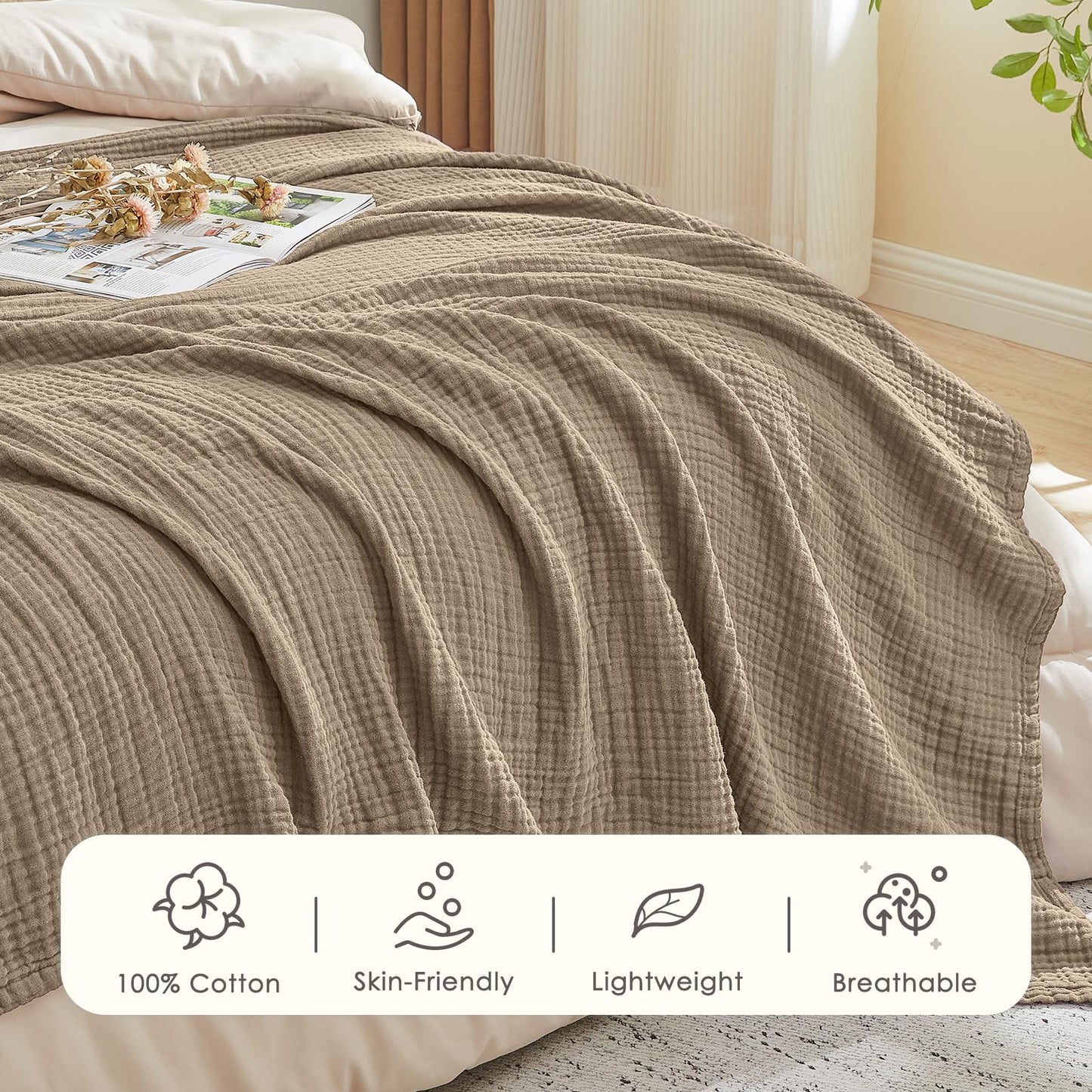 EMME Cotton Muslin King Blanket Bed Layering Bedspread Coverlet Breathable Gauze Soft Lightweight (Tan, 108"x90")