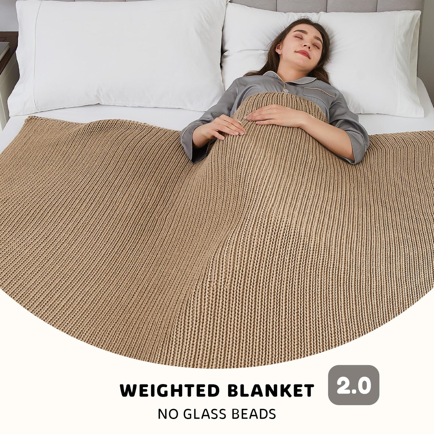 L'AGRATY Knitted Weighted Blanket - 50''x60'' 7lbs Cooling Chunky Knit Heavy for Adults Braided Crochet Throw Thick Cable Yarn Decorative No Beads Evenly Machine Washable, Beige