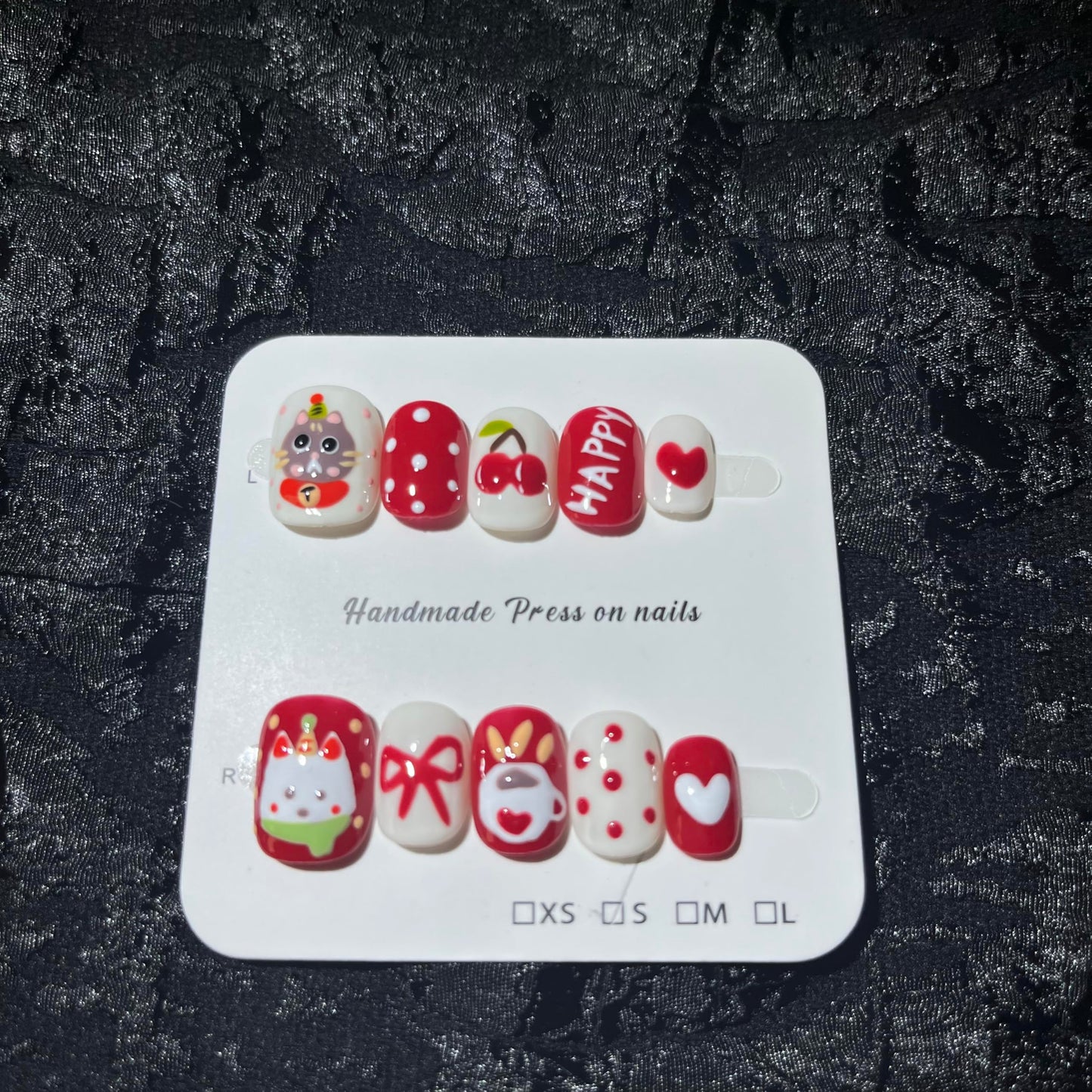 Short Press on Nails Handmade Nails 10Pcs Cute Style Manual Nail Art Red Cherry Fake Nails for Women Party Holiday Photo 2.5CM Size S