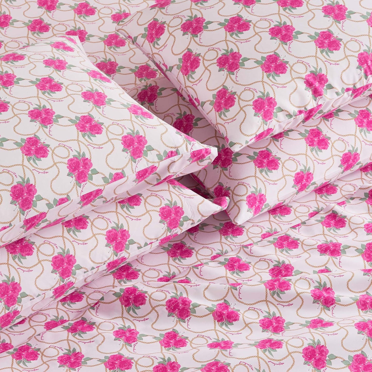Juicy Couture Printed Microfiber 4-Piece Twin Sheet Set, Bianca Chain Floral Pink