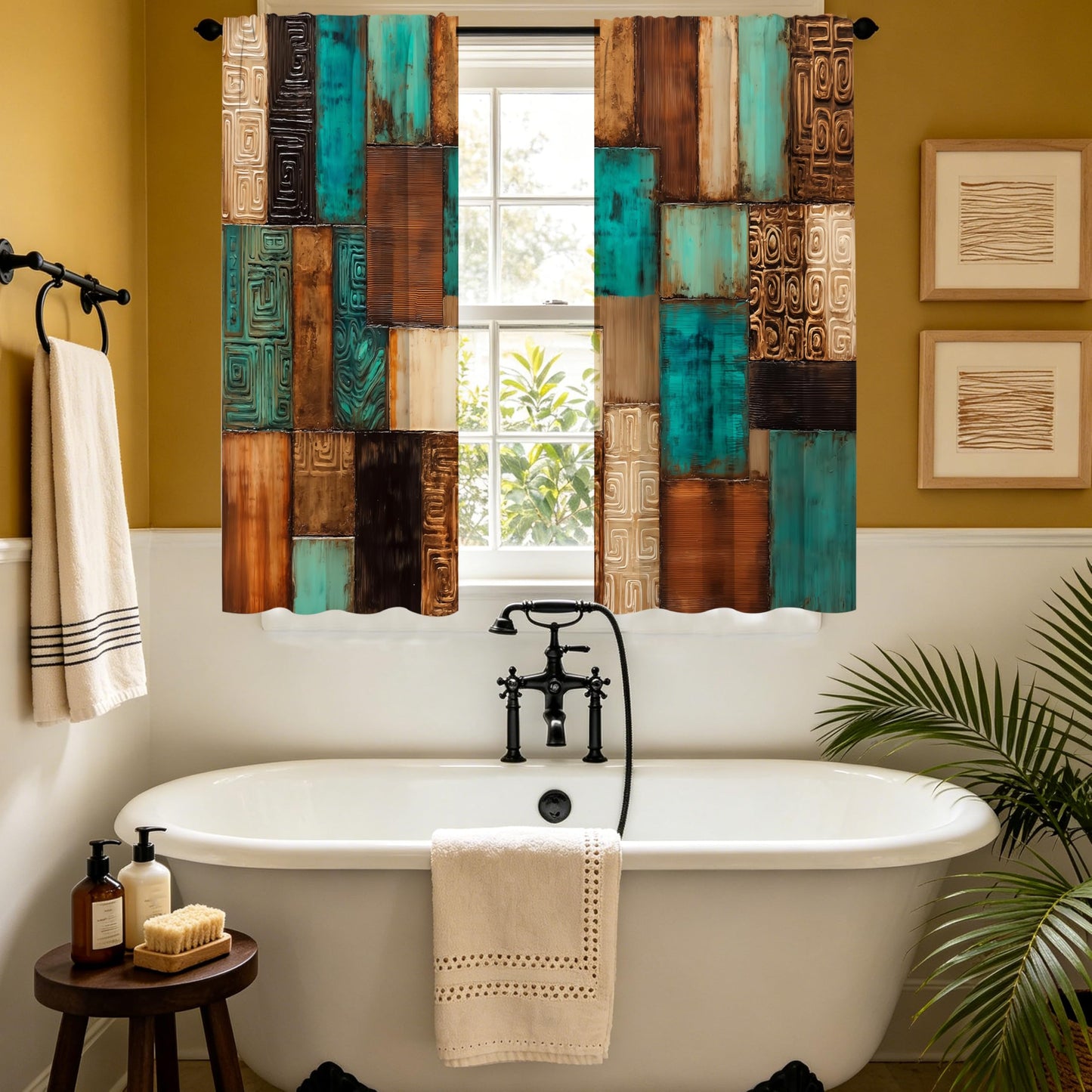 bassyil Vintage Geometric Teal Kitchen Curtains Cafe Curtains for Bathroom Dining Room Living Room Farmhouse Pocket Window Drapes 2 Panels Set Blackout Curtain 28"x36"