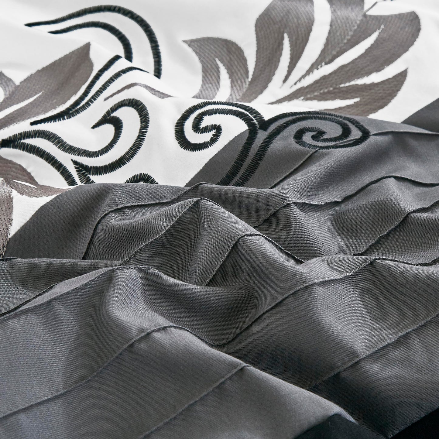 Chezmoi Collection Napa 7-Piece Luxury Leaves Scroll Embroidery Bedding Comforter Set (King, Black/Gray/White)