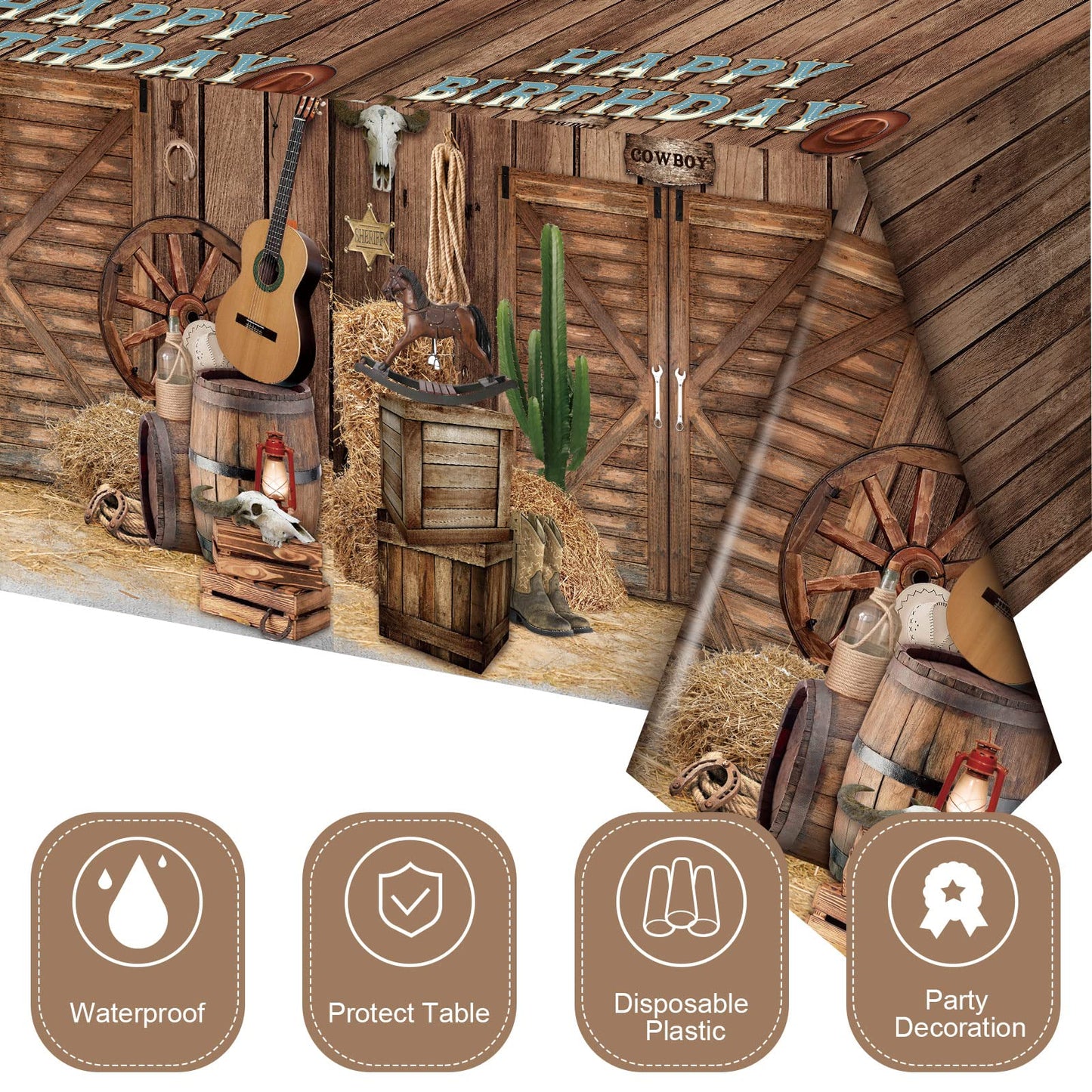 BBTO 3 Pieces Western Tablecloths Cowboy Party Decorations Birthday Table Cover Wild West Happy Birthday Tablecloth Plastic Western Table Cloths Party Decor, 54 x 108 Inches