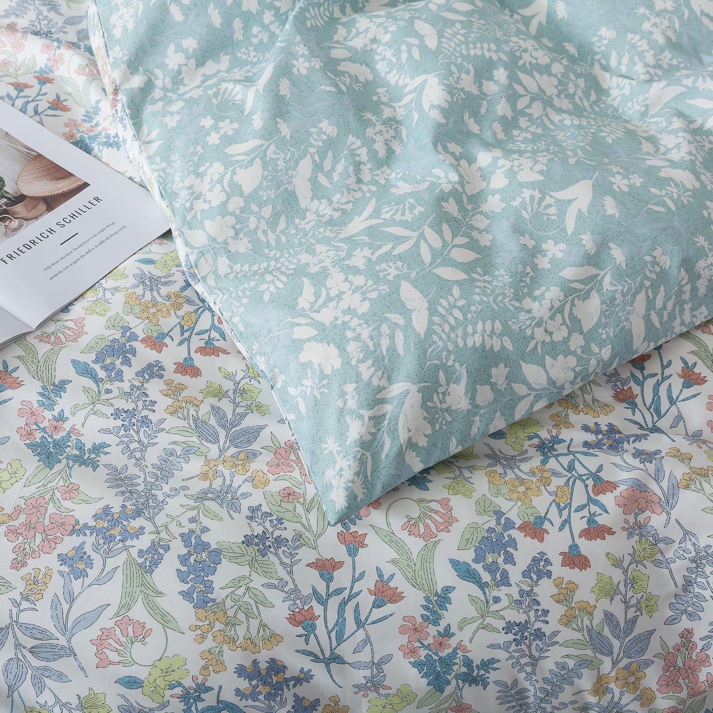 HoneiLife Cotton King Duvet Cover - Floral Comforter Cover 3-Piece, Botanical Bedlinen Set with Zipper Closure & Corner Ties, Wildflower Comforter Cover Sets All Season Use