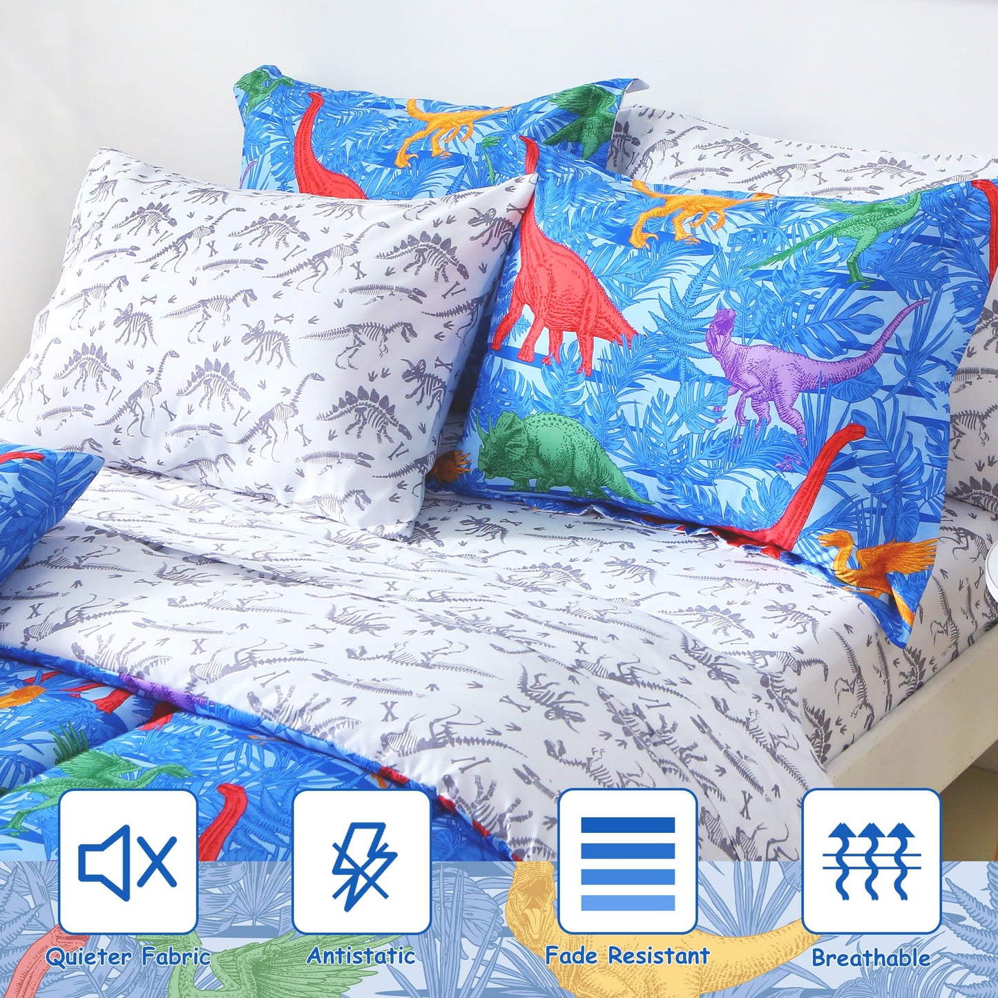 Mooreeke Kids Twin Comforter Sets for Boys 6 Pieces Blue Bedding Set for Teens Microfiber Dinosaur Kids Bed in A Bag with Comforter, Sheet Set, Shams and Decorative Toy Pillow All Season