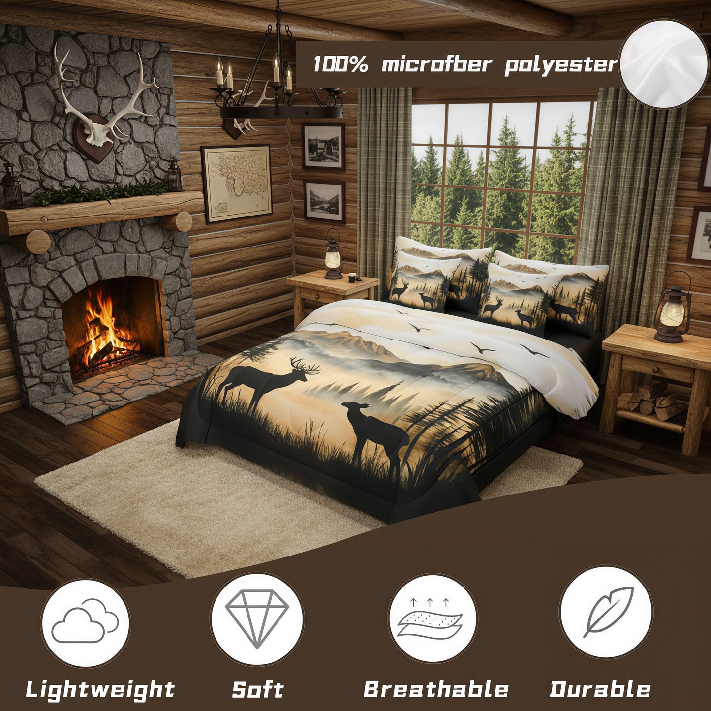 jejeloiu Western Rustic Cute Deer Cabin Comforter Set Queen with Sheets for Kids Boys Girls Hunting 7 Pieces Bedding Set Country Farmhouse Bed in a Bag Foggy Mountain Room Decor