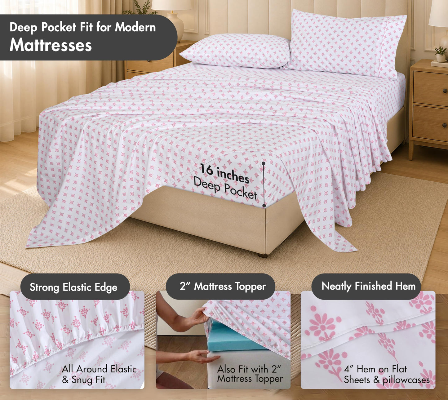 RUVANTI 100% Cotton Percale Sheets Queen Size, Block Print Motif