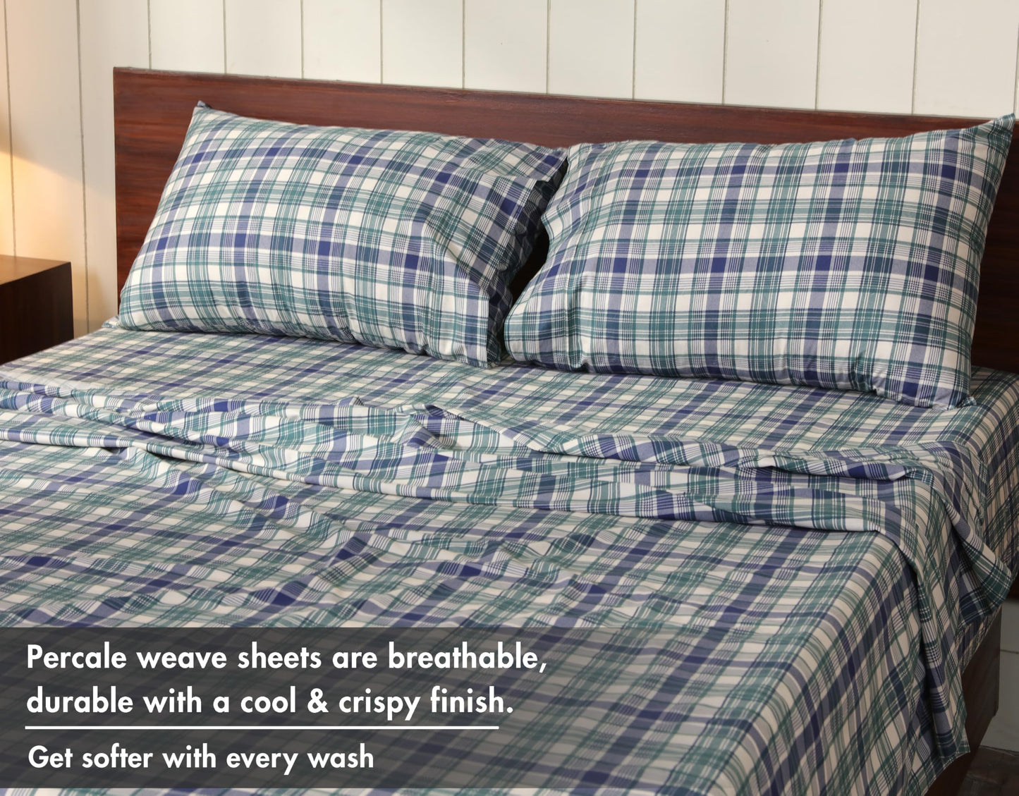 RUVANTI 100% Cotton Percale Sheets Queen Size, Greenish Blue Plaid