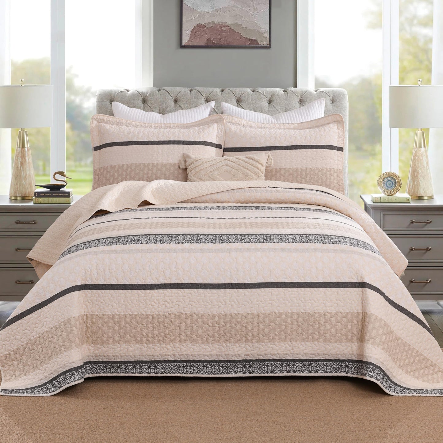 Homzard Quilts Queen Size, Cotton Comforter Set, Beige and Grey Queen Bed Set, Lightweight Striped Bedding, Farmhouse Reversible Bedspread All Season 3 Pieces