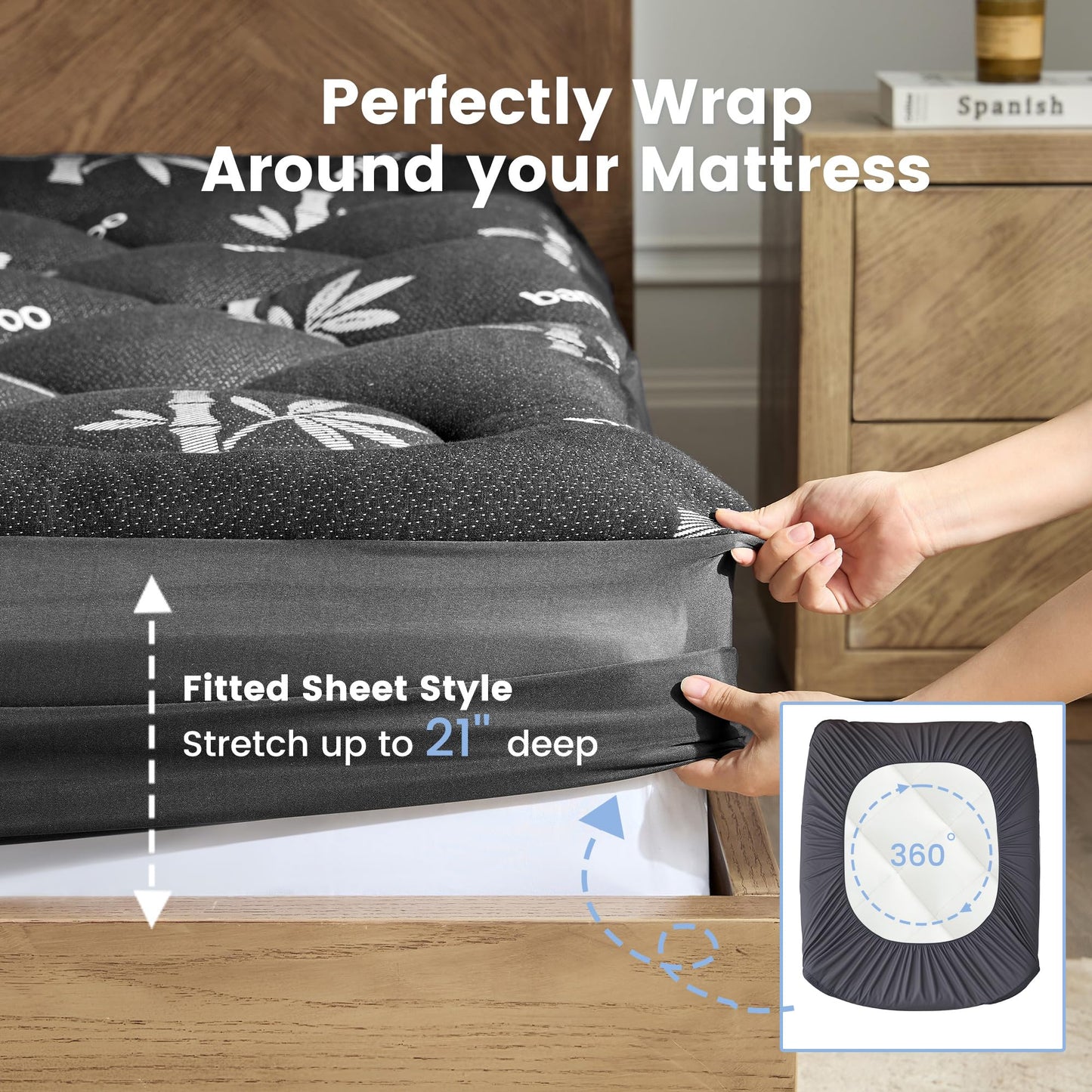 Mattress Topper Queen Size - Viscose Made from Bamboo Pillow Top Mattress Pad with Deep Pockets - Soft Mattress Topper for Back Pain Relief(60"x80",Black)