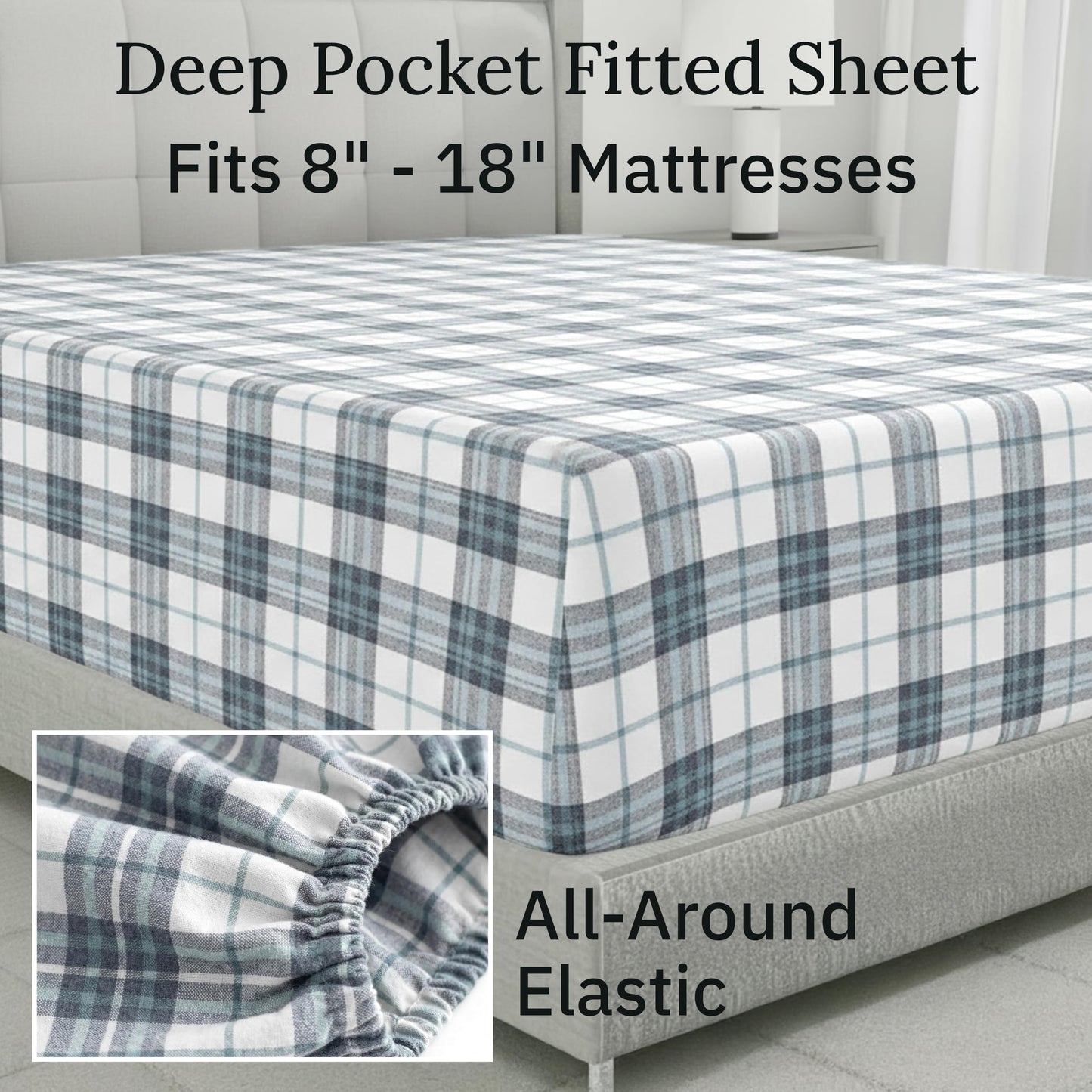 California Design Den Yarn Dyed Flannel Sheet Set Queen Size - Made in Portugal, 4-Piece 100% Cotton Queen Sheets Deep Pocket with Extra Depth, Thick, Velvet Soft, Triple-Brushed - Blue Plaid