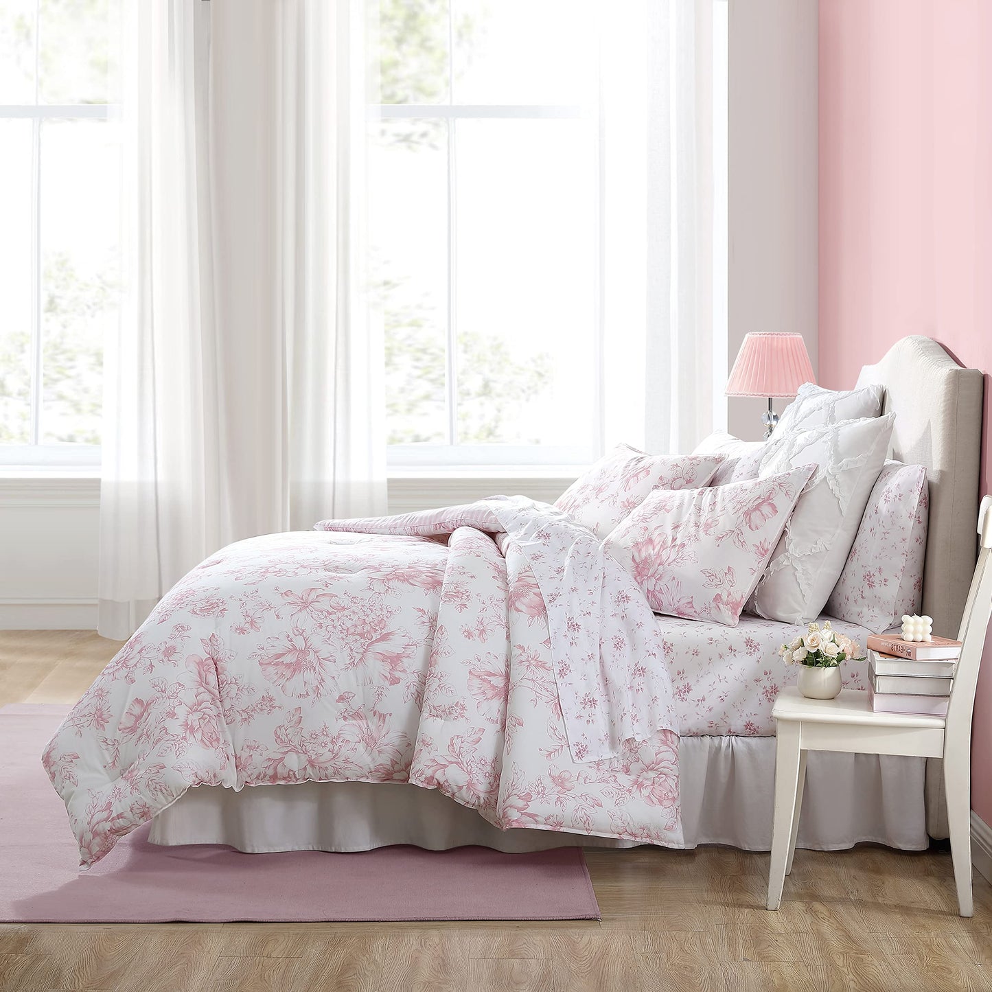 Laura Ashley – Queen Comforter Set, Soft Bedding with Matching Shams, Reversible Floral Room Decor, College Dorm Room Essentials (Delphine Pink)