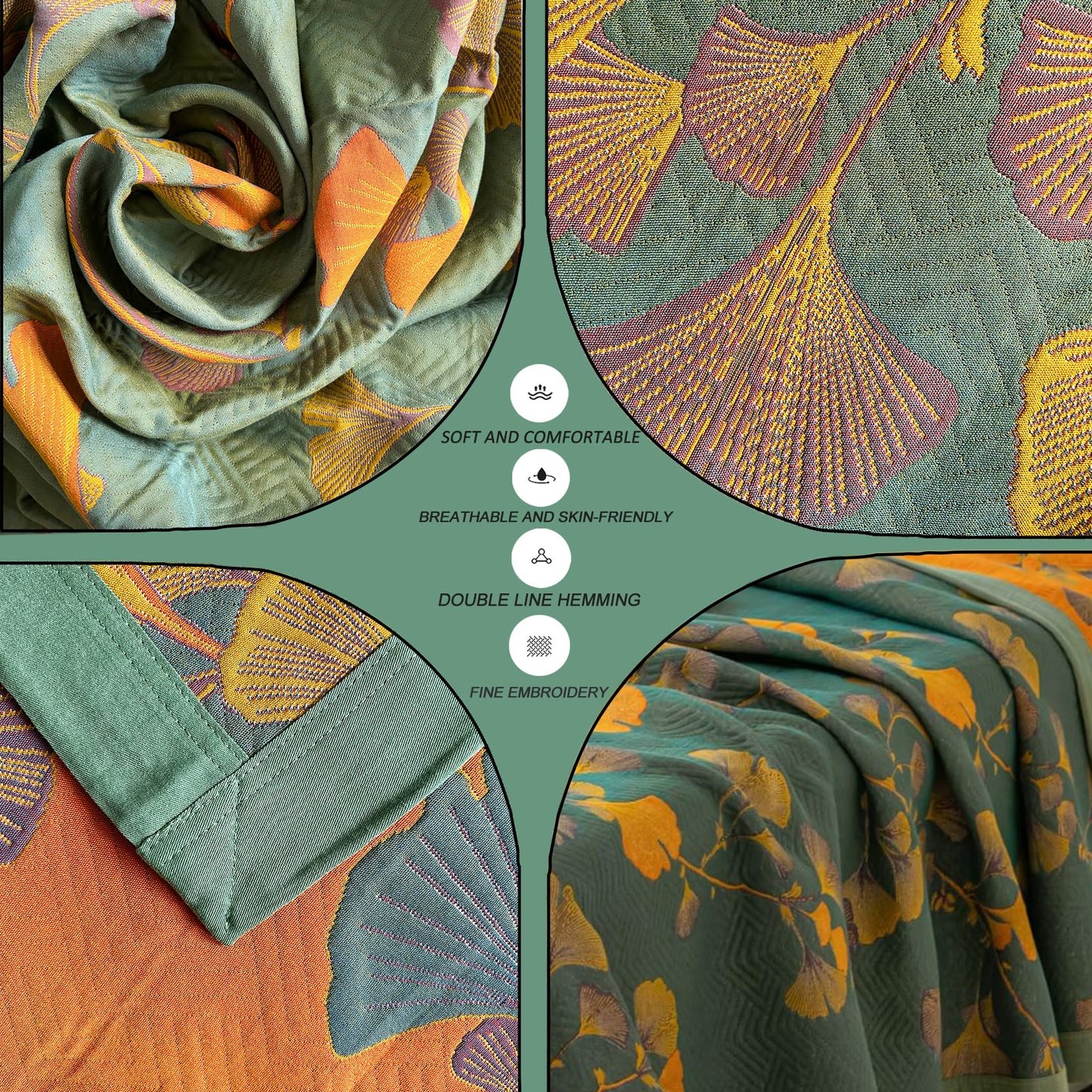 Bifqioy Ginkgo Leaf Quilt Queen Size Dark Green Orange Reversible Cotton Bedspread Coverlet for All Seasons Lightweight Muslin Quilt Throw Blanket for Bed, Couch