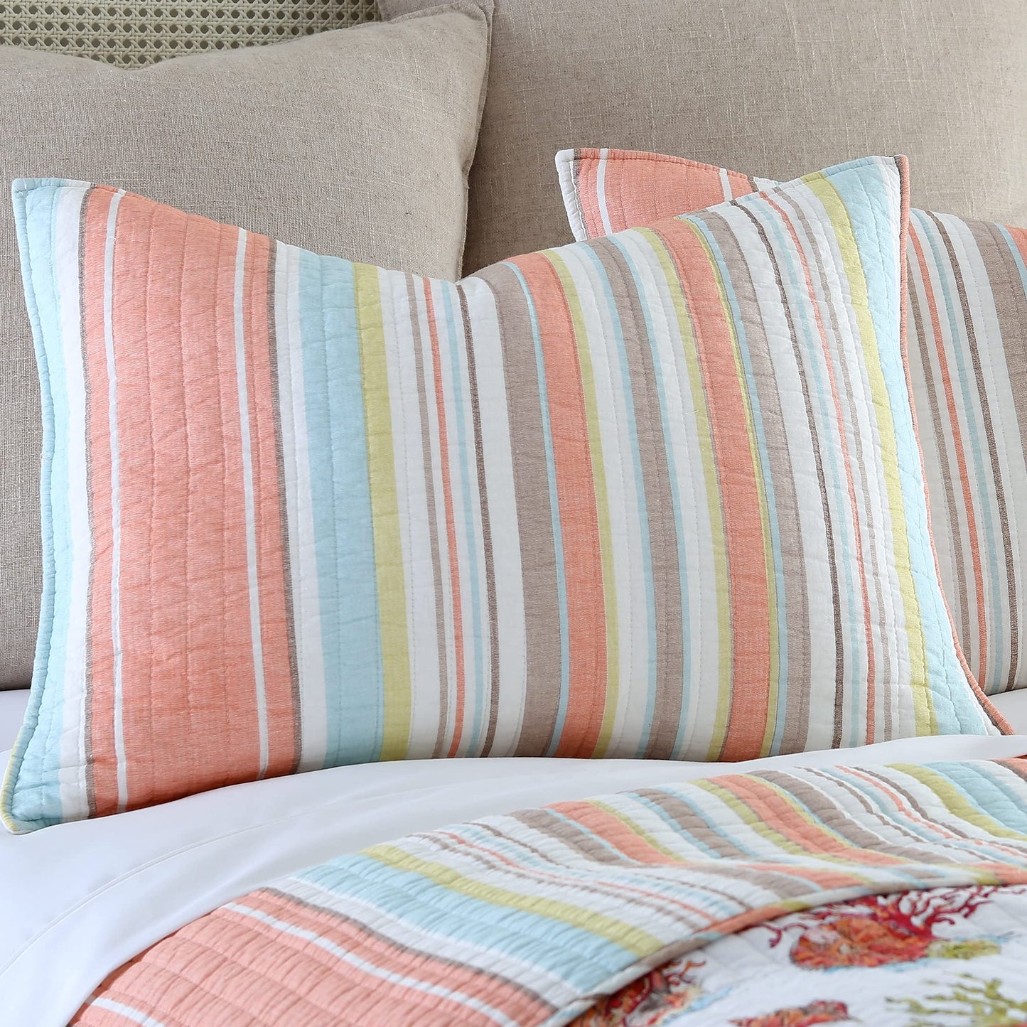 Levtex Home Brighton Coral King Cotton Quilt Set Stripe Coastal