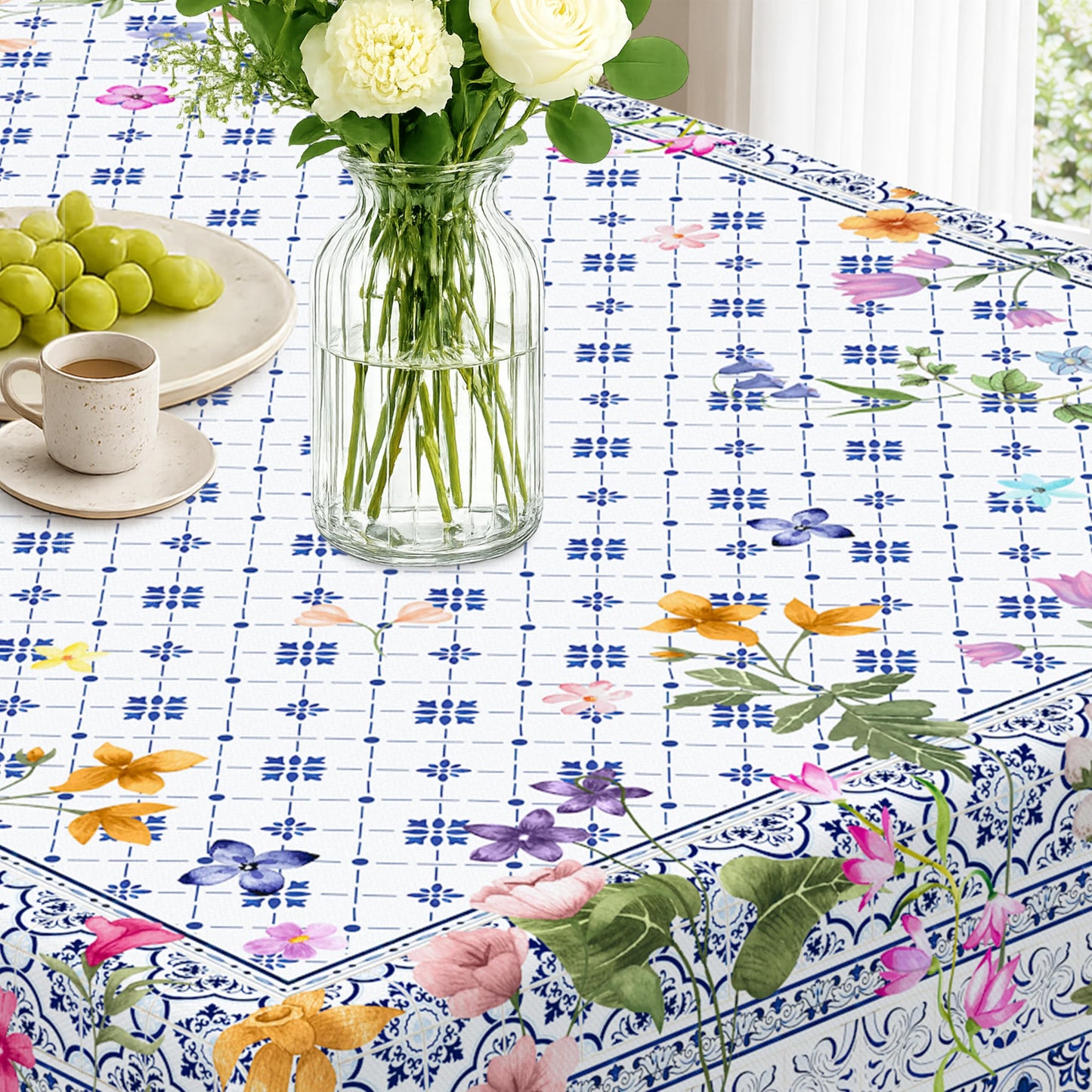 Viyeneyo Rectangle Tablecloth 60x102 Inch, French Toile Floral Table Cloth