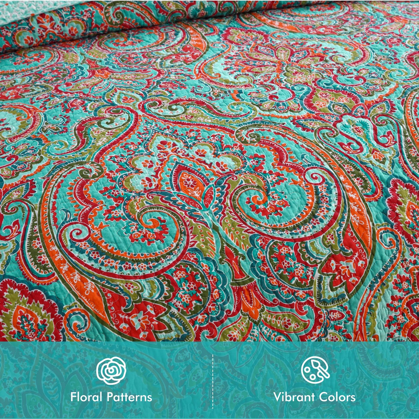 Etwel Lightweight Cotton Queen Size Quilt Set - Breathable Reversible Bedspread for Hot Sleepers, Farmhouse Floral Bedding Set with 2 Pillow Shams for All Season (90"x98", Crown Teal)