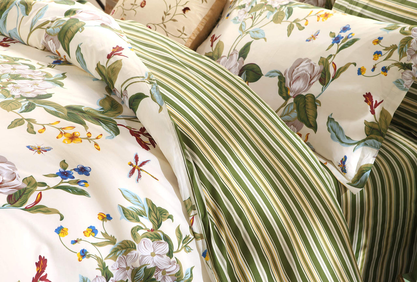 FADFAY Floral Duvet Cover Set 100% Cotton Green and Beige Striped Shabby Flower Bedding Branches Summer Bedding Reversible 600 TC Soft Zipper Comforter Cover & 2 Pillowcases，Full