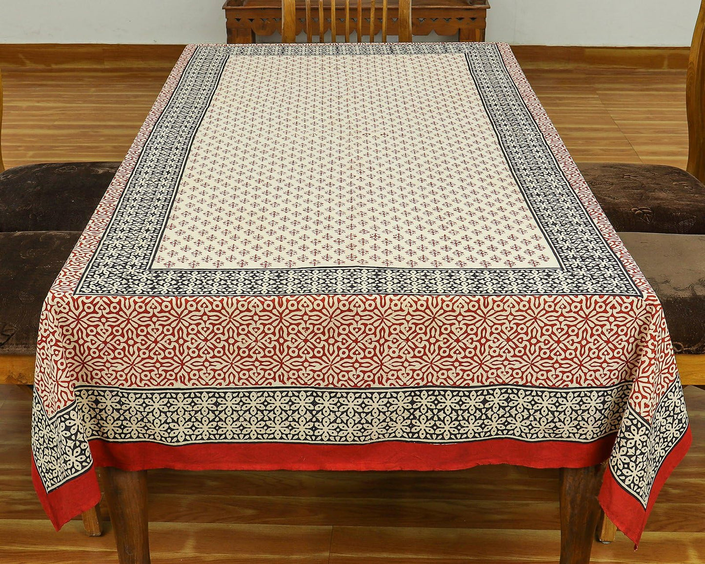 60x60 Inches Square Hand Block Printed Cotton Tablecloth, Red Black Floral Table Cloths Washable, Indian Table Linen for Outdoor Thanksgiving Gifts Home Decor Dinning Outdoor
