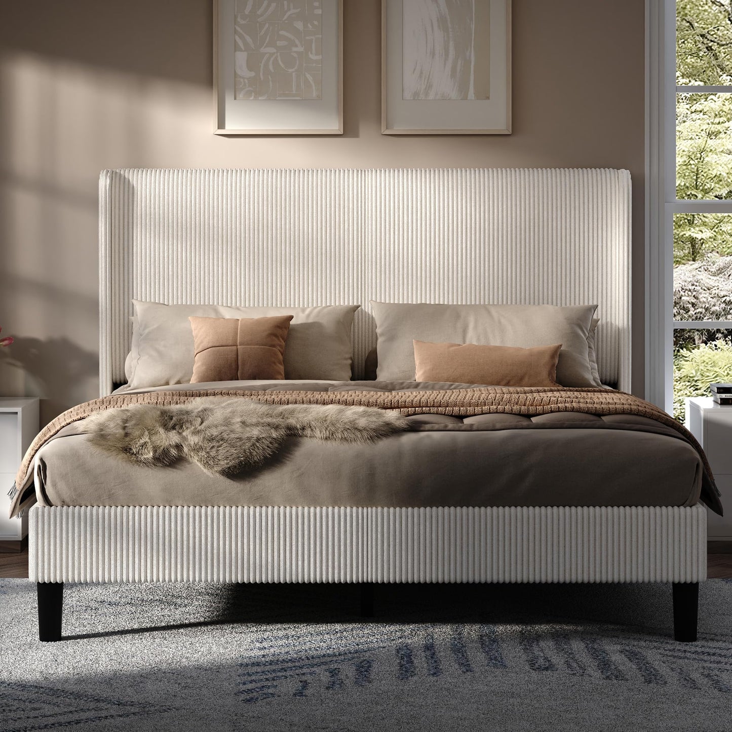 AMERLIFE King Bed Frame, Upholstered Platform Bed with Corduroy Headboard, Easy Assembly Modern White Bed Frame with Wooden Slats Support, No Box Spring Needed