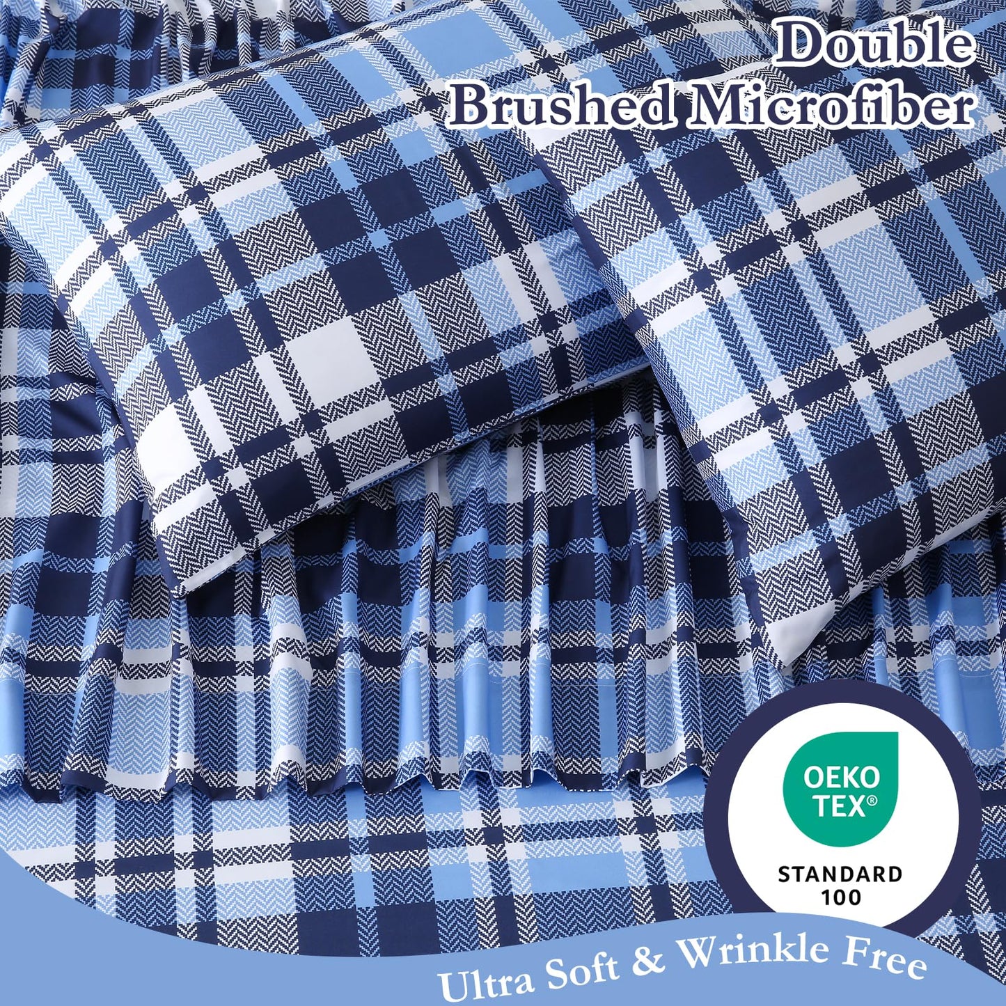 MICORAL Queen Sheet Set Blue Gingham Plaid, 4-Piece Brushed Microfiber Grid Bed Sheets, 16" Deep Pocket, Ultra Soft & Cooling Sheet, Oeko-TEX Certified, Blue
