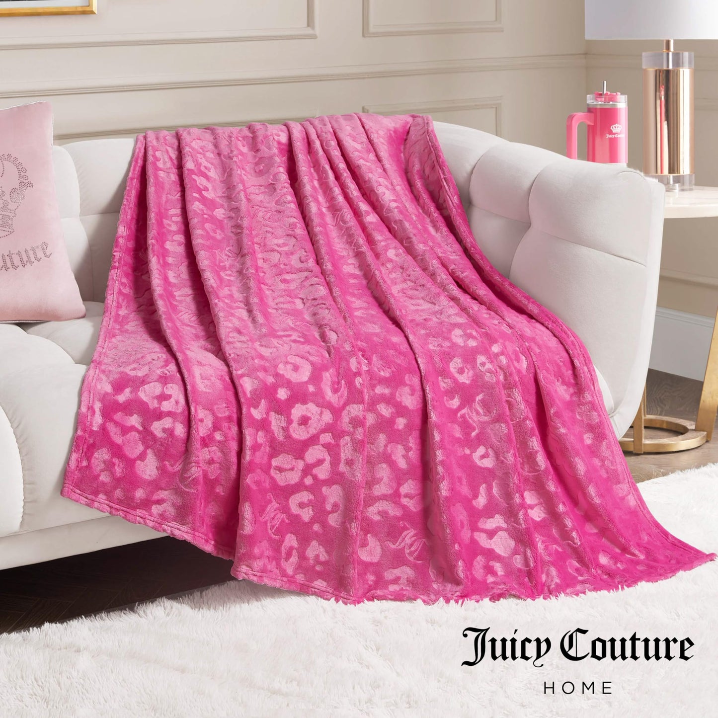 Juicy Couture Embossed Plush 60"x70" Oversized Throw Blanket, Cheetah Logo Hot Pink