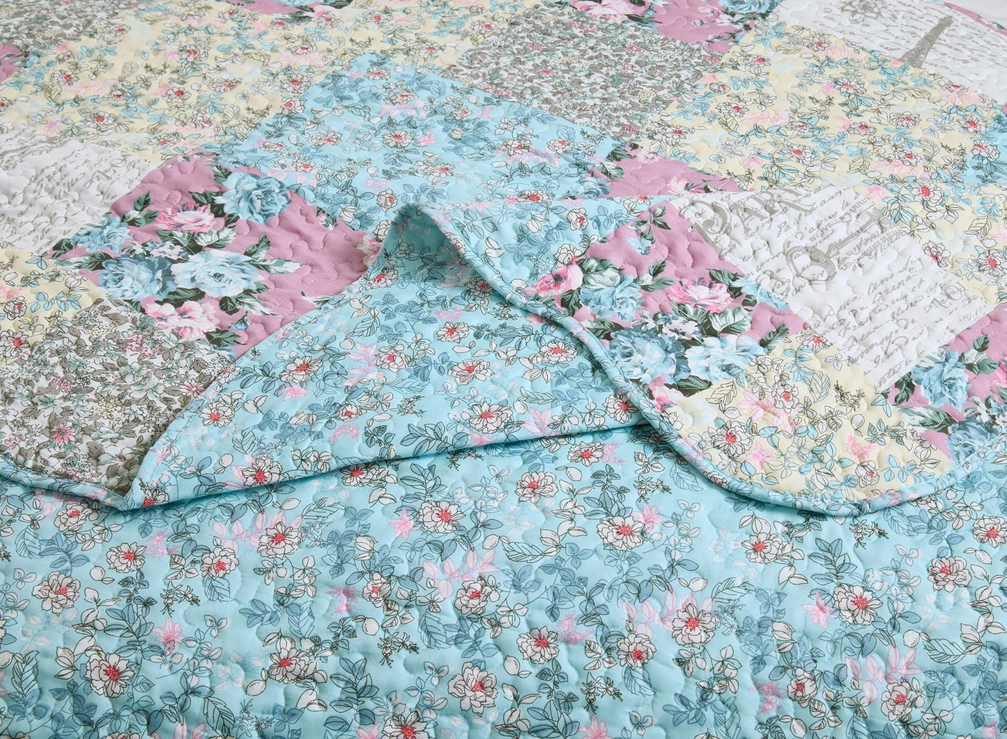 Brilliant Sunshine Lilac Rose Toile Quilt Set, 3-Piece Bedding Sets, Traditional Lively Patchwork Design, Washable, Reversible Bedspread, Soft Lightweight Coverlet, All-Season, Full/Queen, Egg Blue