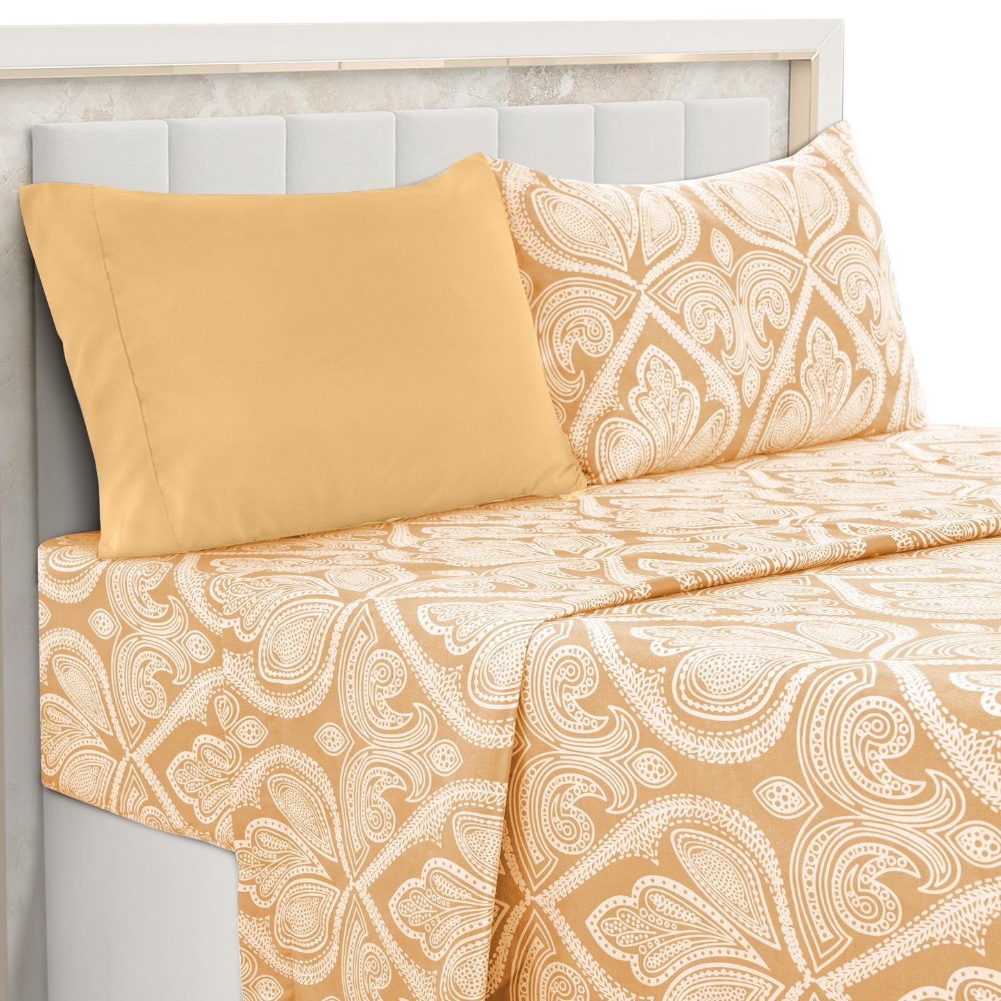 Ultra Soft Wrinkle-Free Microfiber Paisley Twin XL Sheet Set, Cute Floral Pattern Boho Print – 16" Deep Pocket Fitted Sheet, Flat Sheet & 2 Pillowcases, Breathable, OEKO-TEX - Taupe