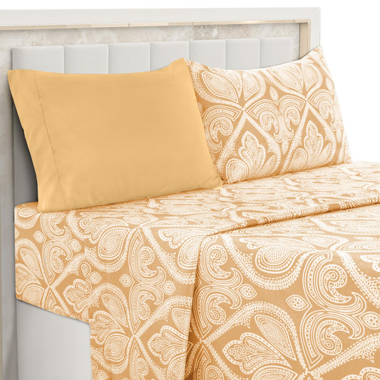 Ultra Soft Wrinkle-Free Microfiber Paisley Twin XL Sheet Set, Cute Floral Pattern Boho Print – 16" Deep Pocket Fitted Sheet, Flat Sheet & 2 Pillowcases, Breathable, OEKO-TEX - Taupe