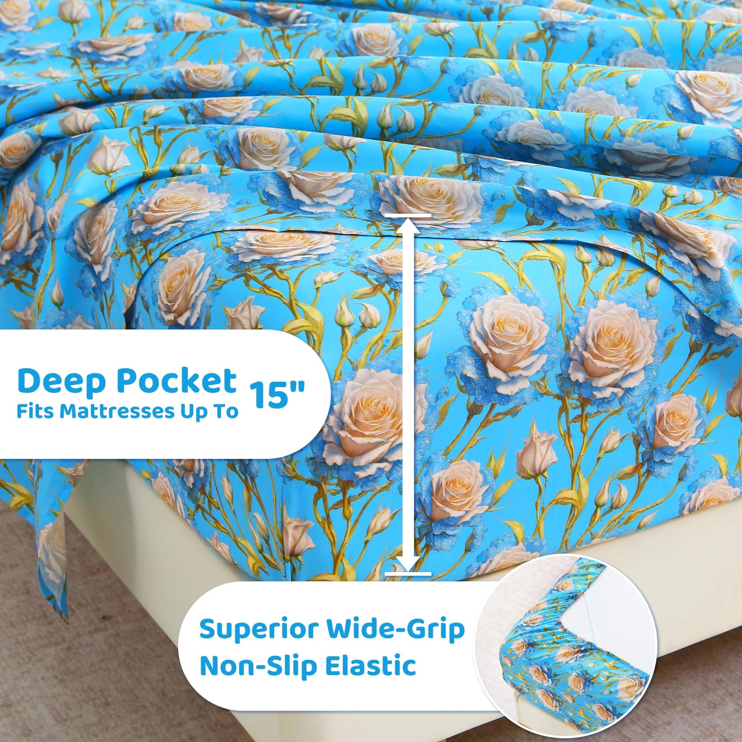 Mooreeke Cozy Floral Microfiber Printed Twin Sheet Set - Soft & Breathable 3D Rose Bed Sheets with Deep Pocket - Non-Slip Fitted Design - Blue White Rose Pattern - Queen