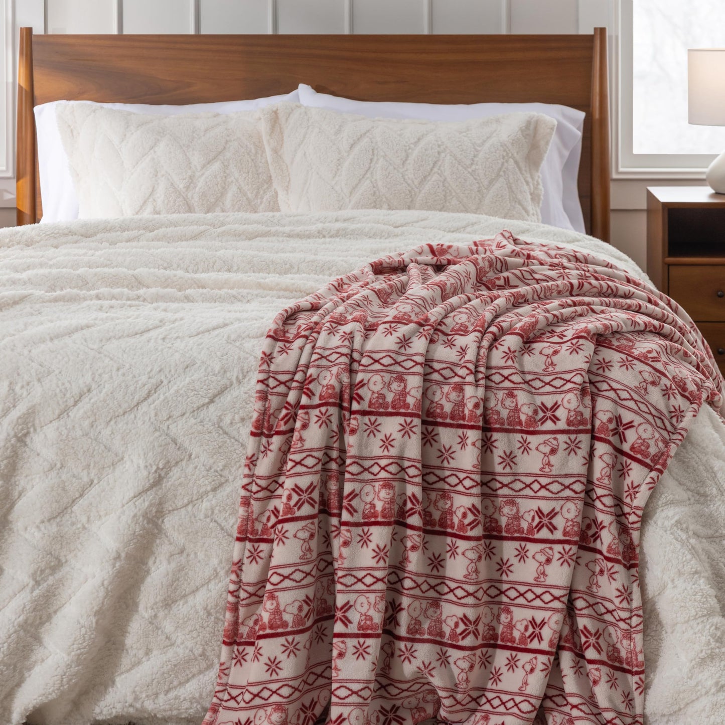 Berkshire Peanuts® VelvetLoft® Cute Character Snoopy Plush Throw Blanket,Cozy Fairisle Crimson Neutral,Throw 55 in x 70 in (Official Peanuts® Product)