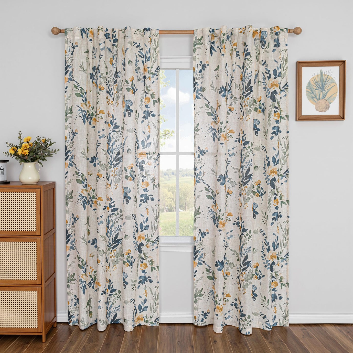 MYSKY HOME Floral Linen Curtains 84 Inch Long Set of 2 for Living/Dining Room Semi Sheer Light Filtering Farmhouse Flower Patterned Back Tab Drapes, Yellow and Blue, W50 Each Panel