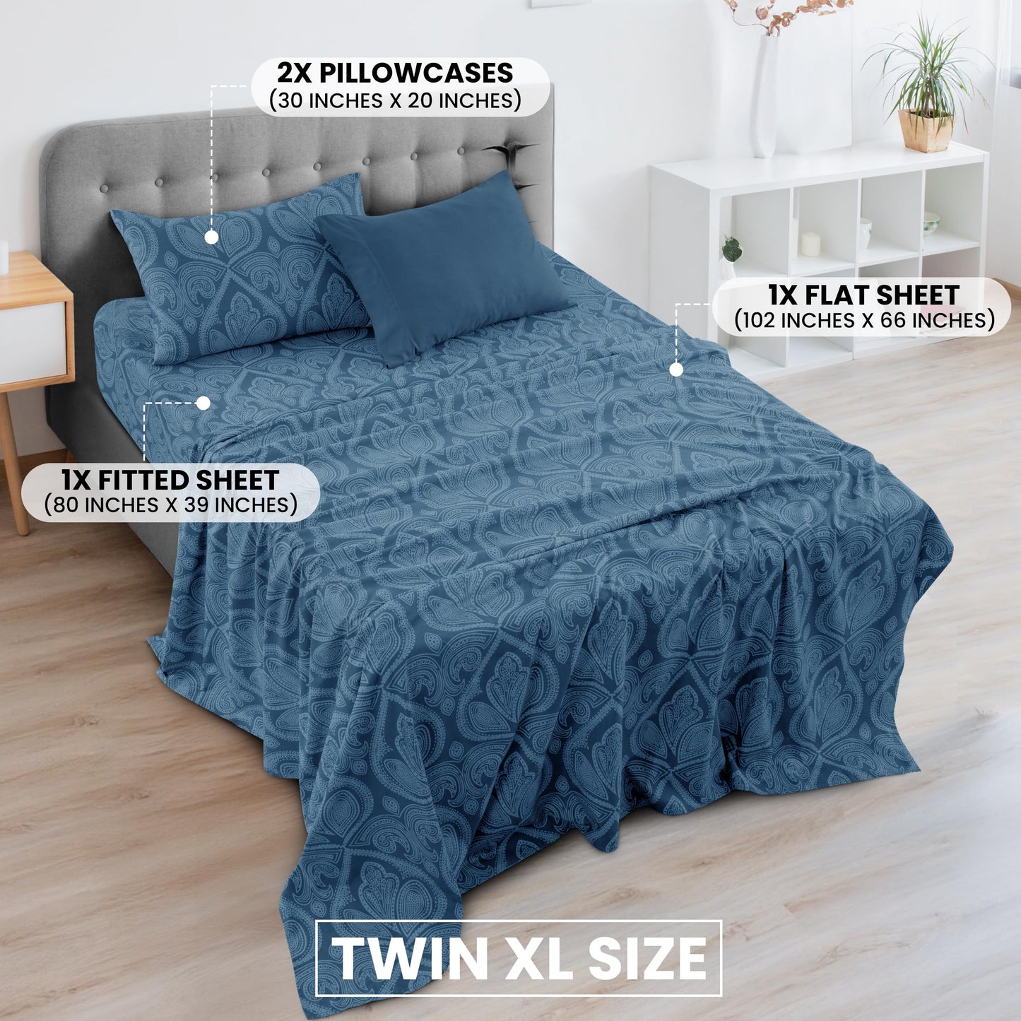 Ultra Soft Wrinkle-Free Microfiber Paisley Twin XL Sheet Set, Cute Floral Pattern Boho Print – 16" Deep Pocket Fitted Sheet, Flat Sheet & 2 Pillowcases, Breathable, OEKO-TEX - Navy Blue