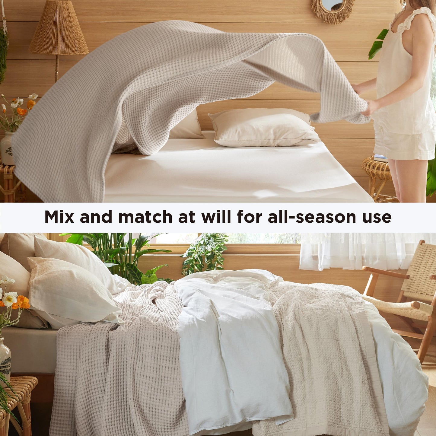 Bedsure 100% Cotton Throw Blanket for Summer, Ultra Soft Waffle Weave Linen Blanket for Couch Sofa Chair Bed, Thin Lightweight Breathable Bedding Gifts for Women, Men, Teens, Kids, 50"x70"
